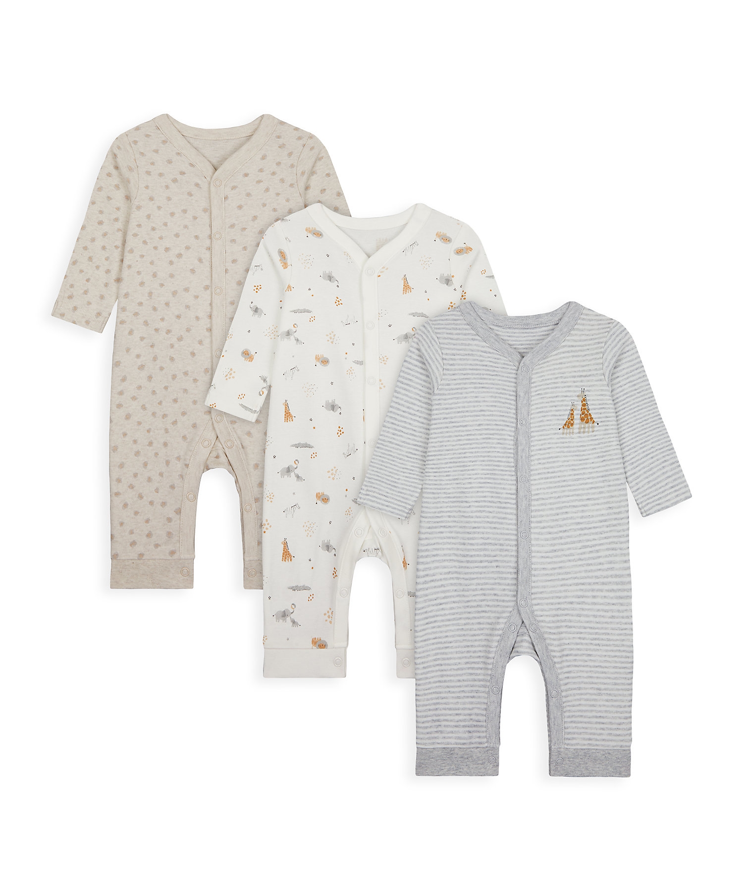 Mothercare | Unisex Full Sleeves Sleepsuit Printed And Striped - Pack Of 3 - Beige Grey
