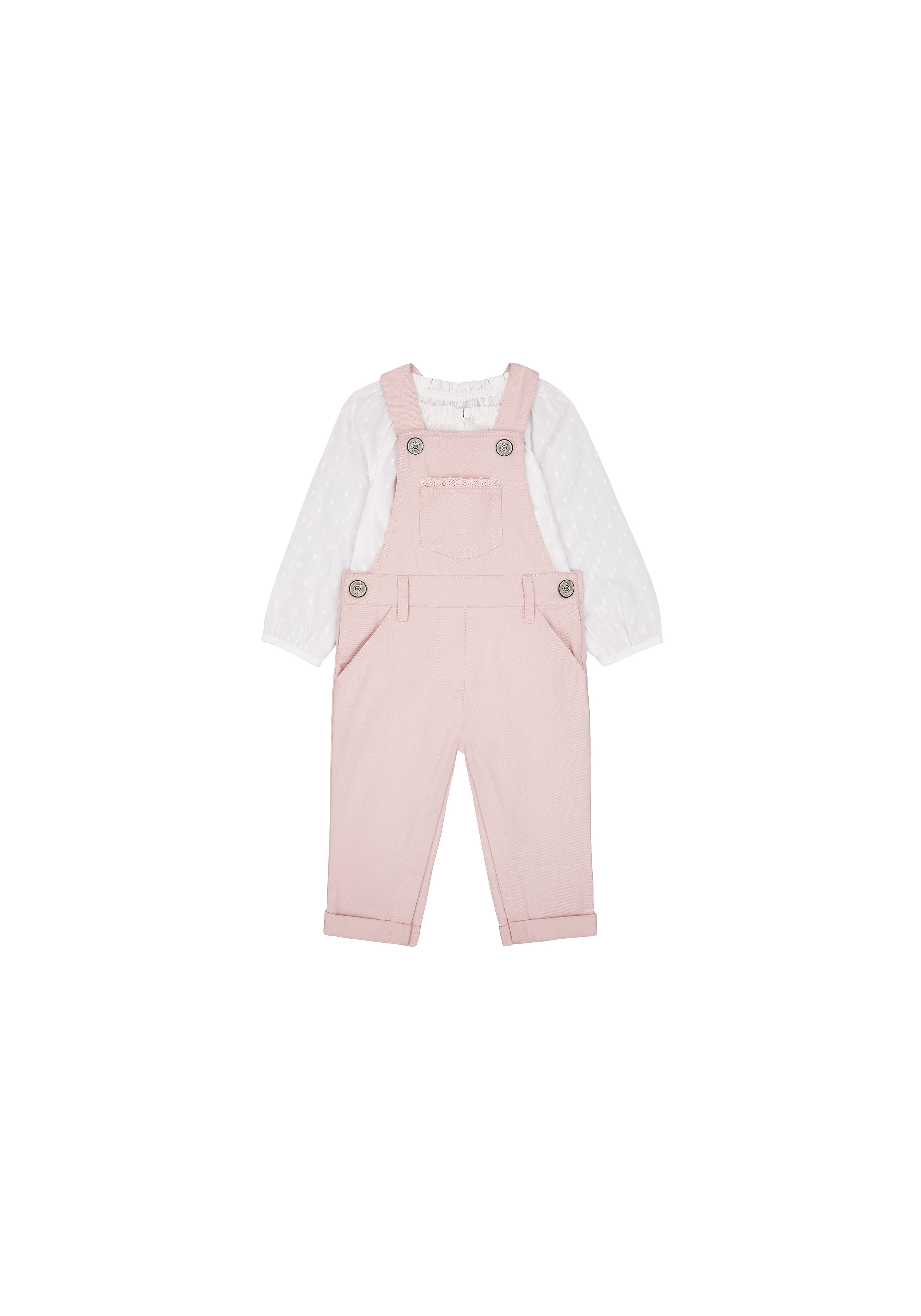 Mothercare | Girls Full Sleeves Dungaree Set Lace Detail - Pink White