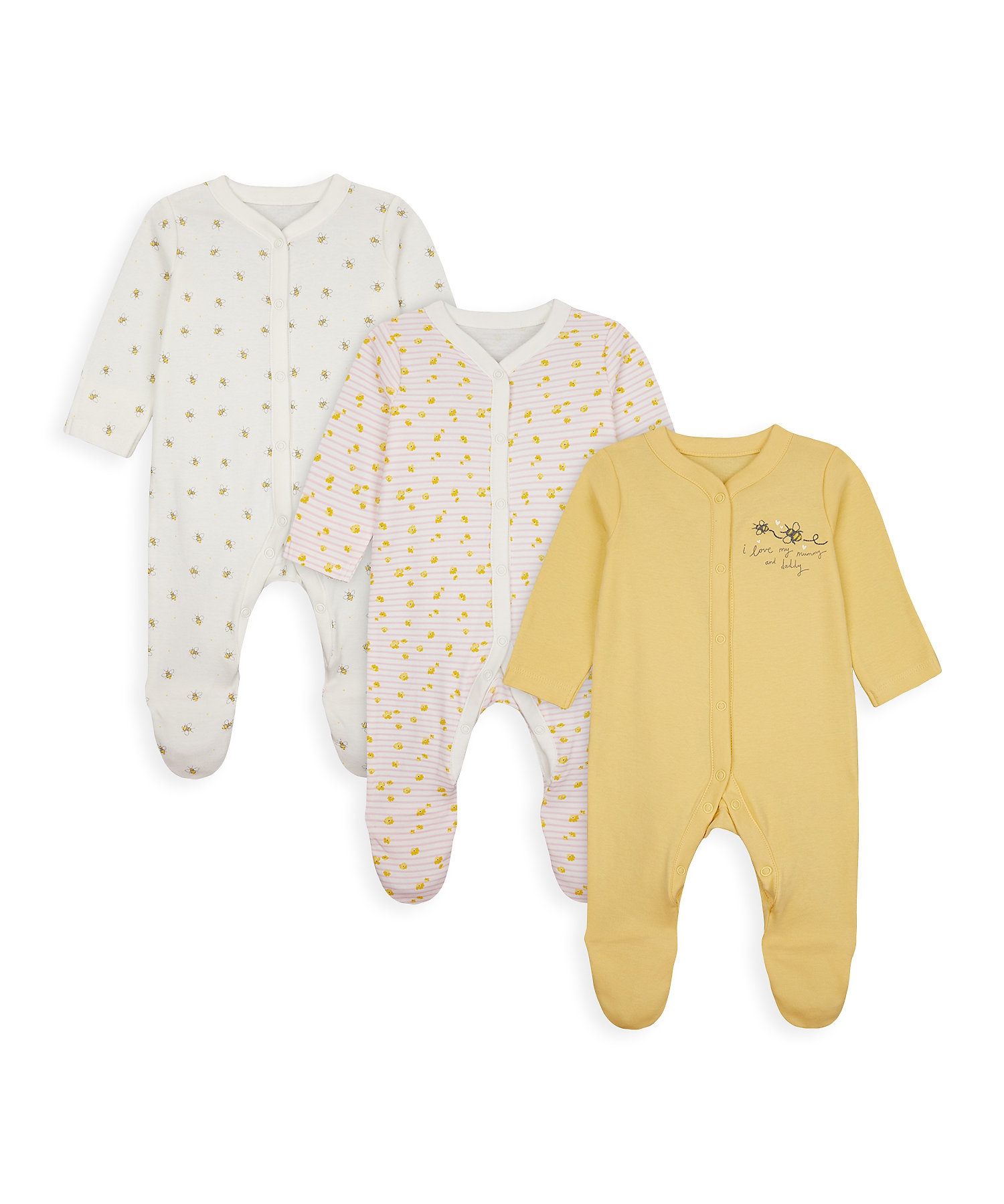 Mothercare | Girls Full Sleeves Sleepsuit Bee Embroidery - Pack Of 3 - Yellow Beige