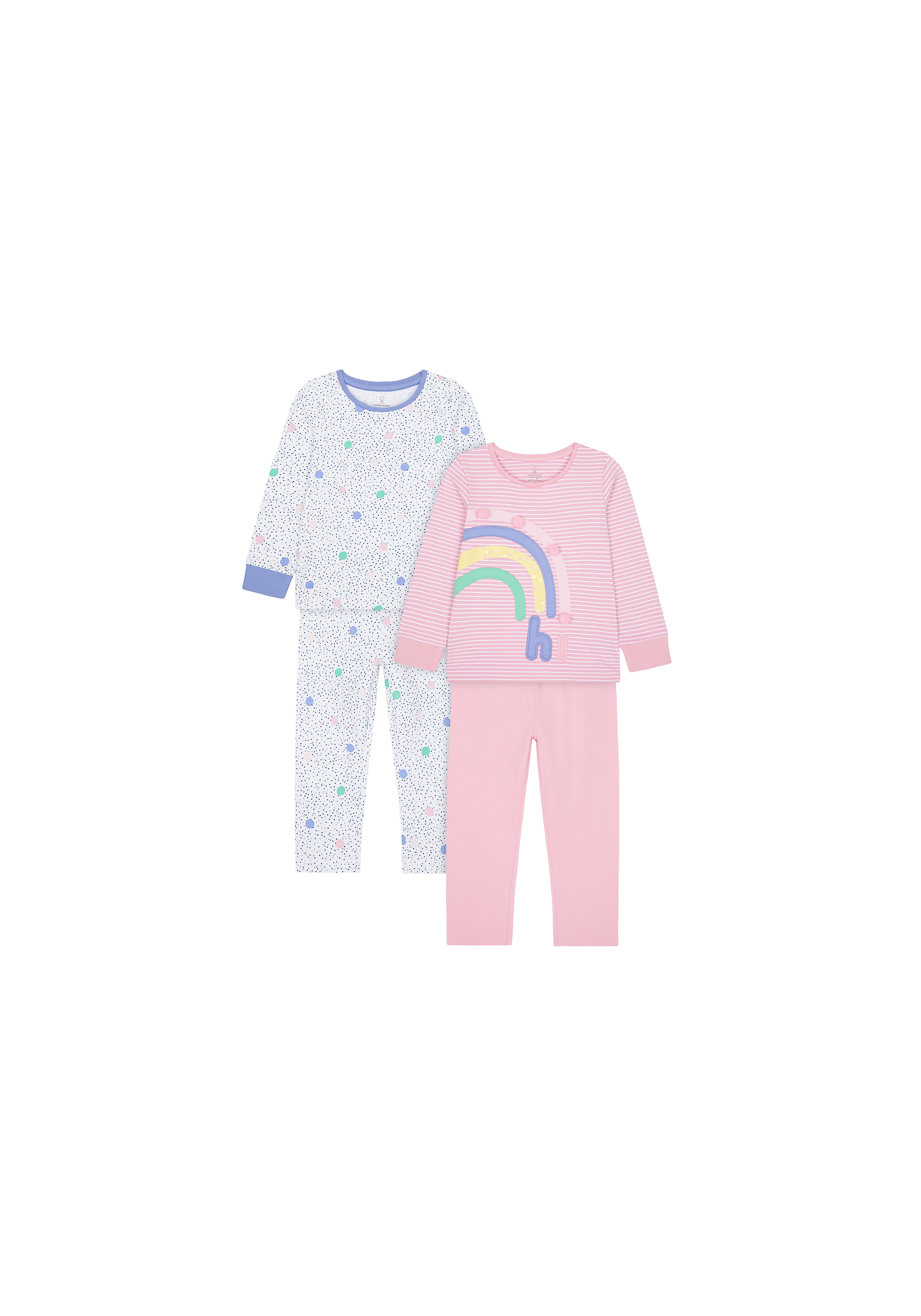 Mothercare | Girls Full Sleeves Pyjama Set Rainbow Patchwork - Pack Of 2 - Pink White