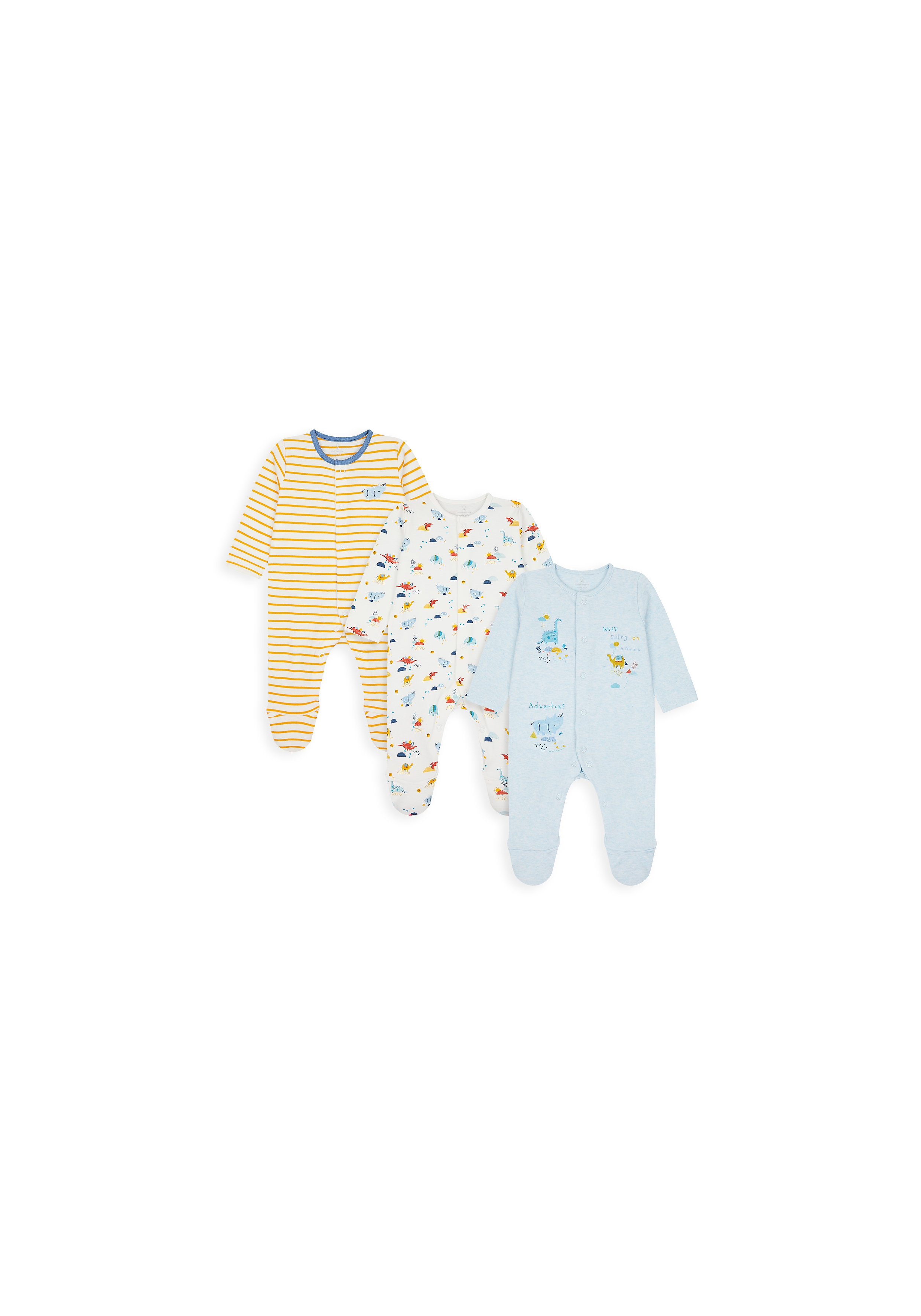 Mothercare | Boys Full Sleeves Sleepsuit Striped And Dino Print - Pack Of 3 - Multicolor