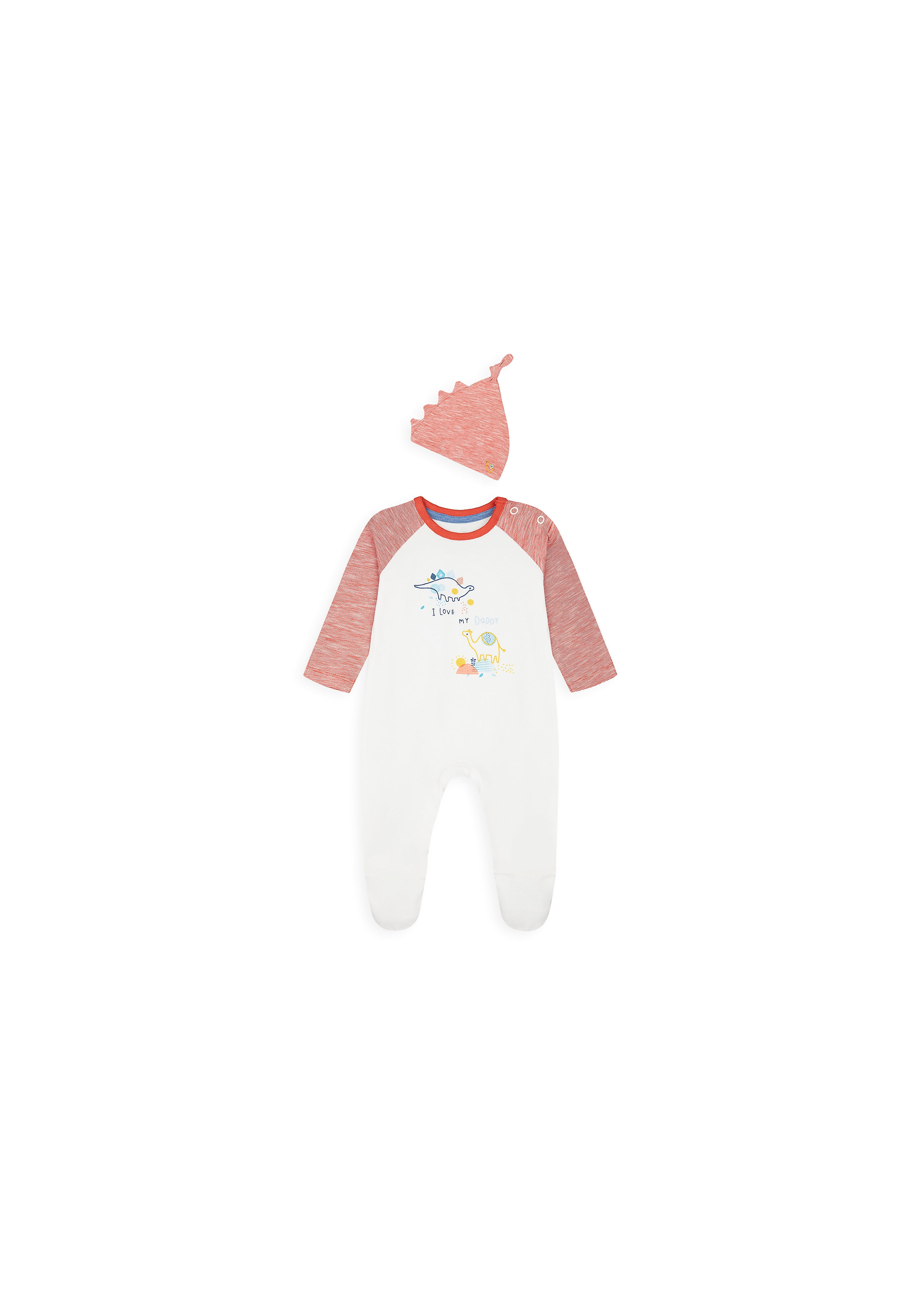 Mothercare | Boys Full Sleeves Romper With Hat Dino Embroidery - White