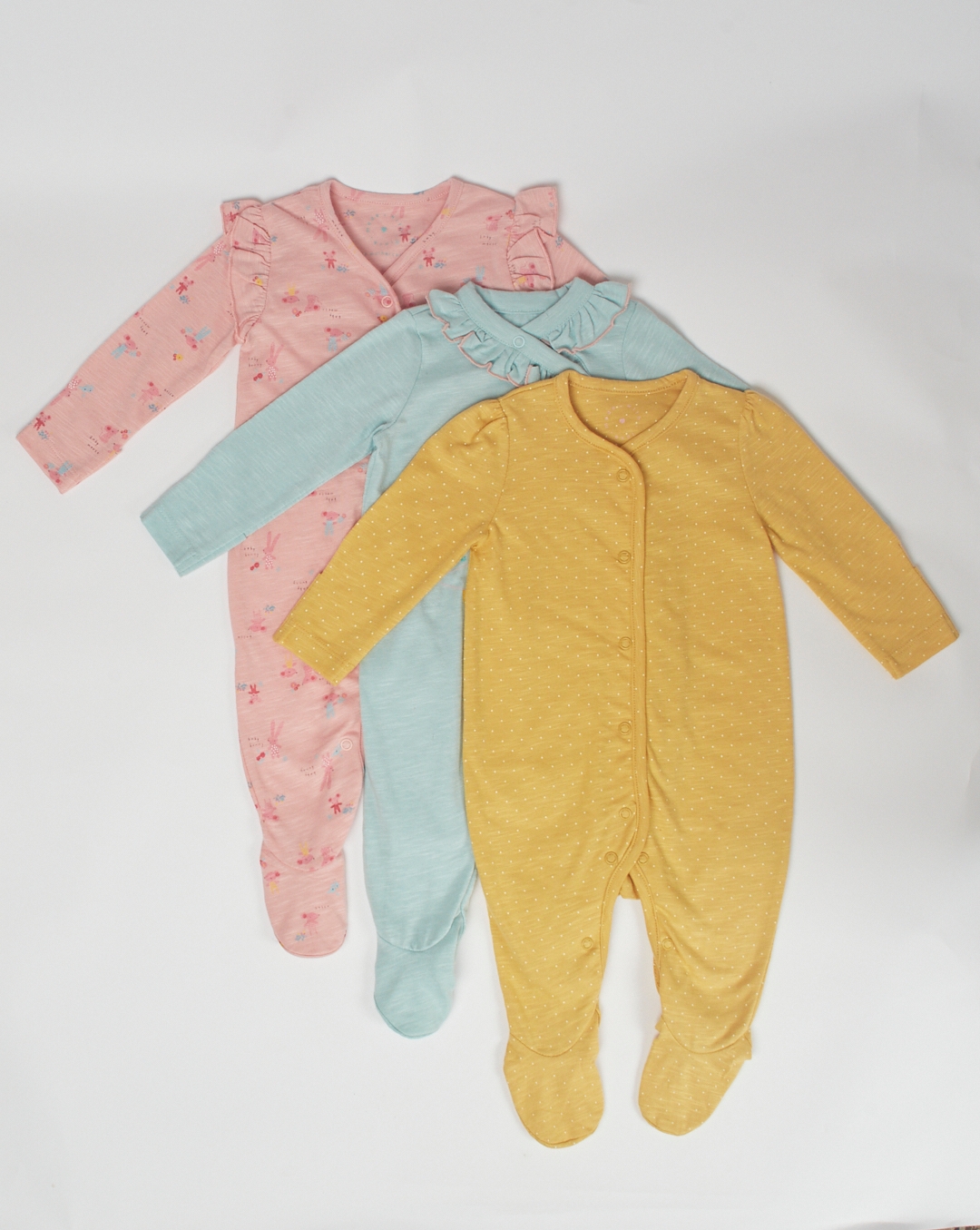 Mothercare | Girls Full Sleeves Sleepsuit Mouse Print And Frill Detail - Pack Of 3 - Multicolor