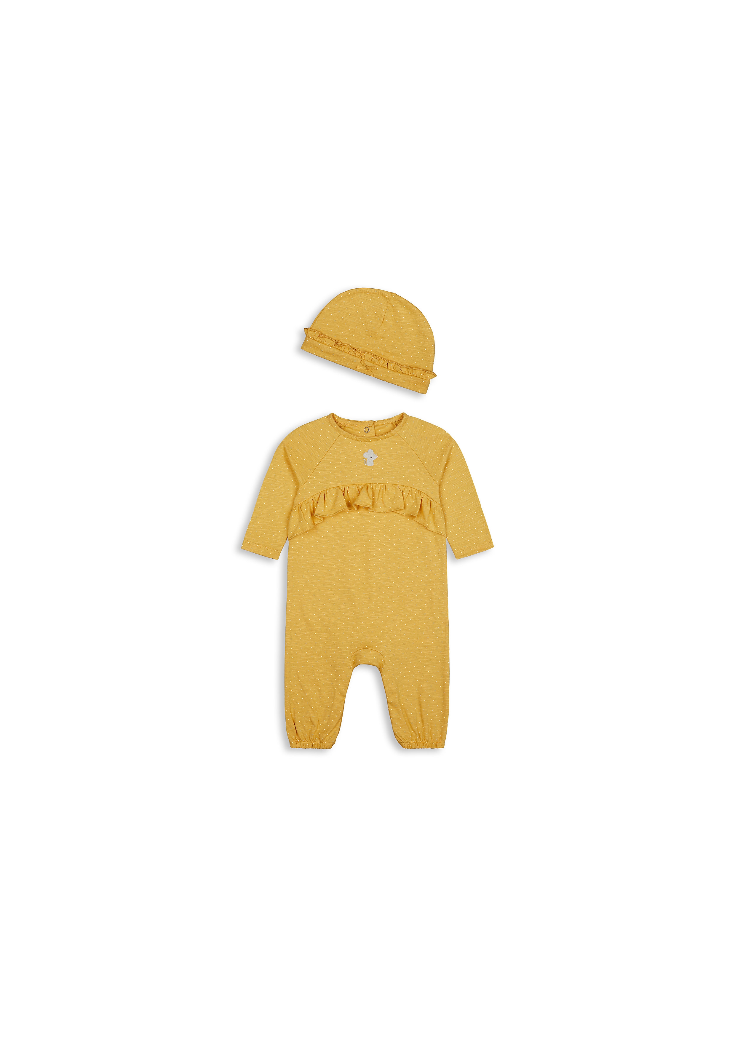 Girls Full Sleeves Romper And Hat Set Frills And Mouse Embroidery - Yellow