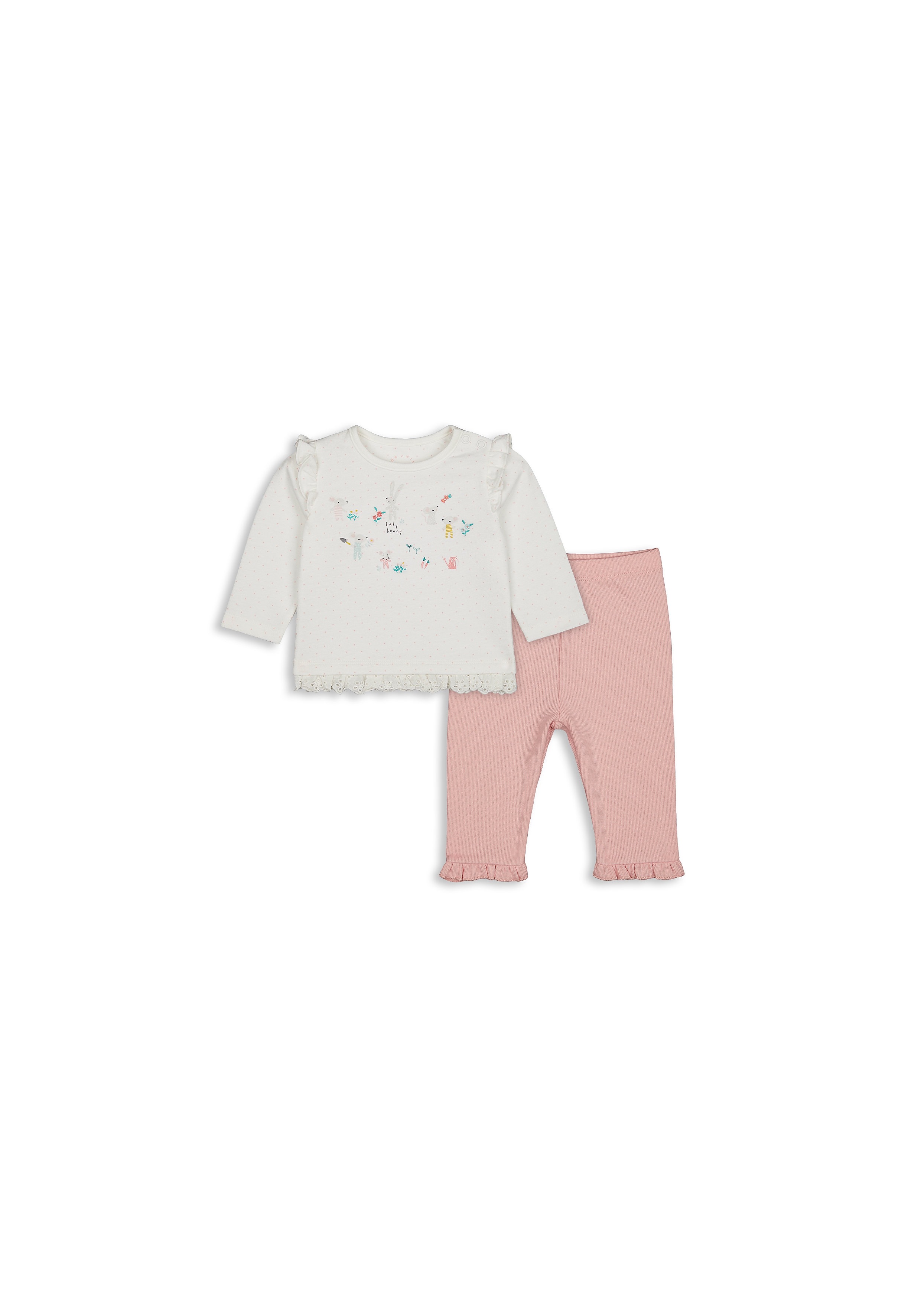 Mothercare | Girls Full Sleeves Top And Legging Set Bunny Print With Lace Detail - Multicolor