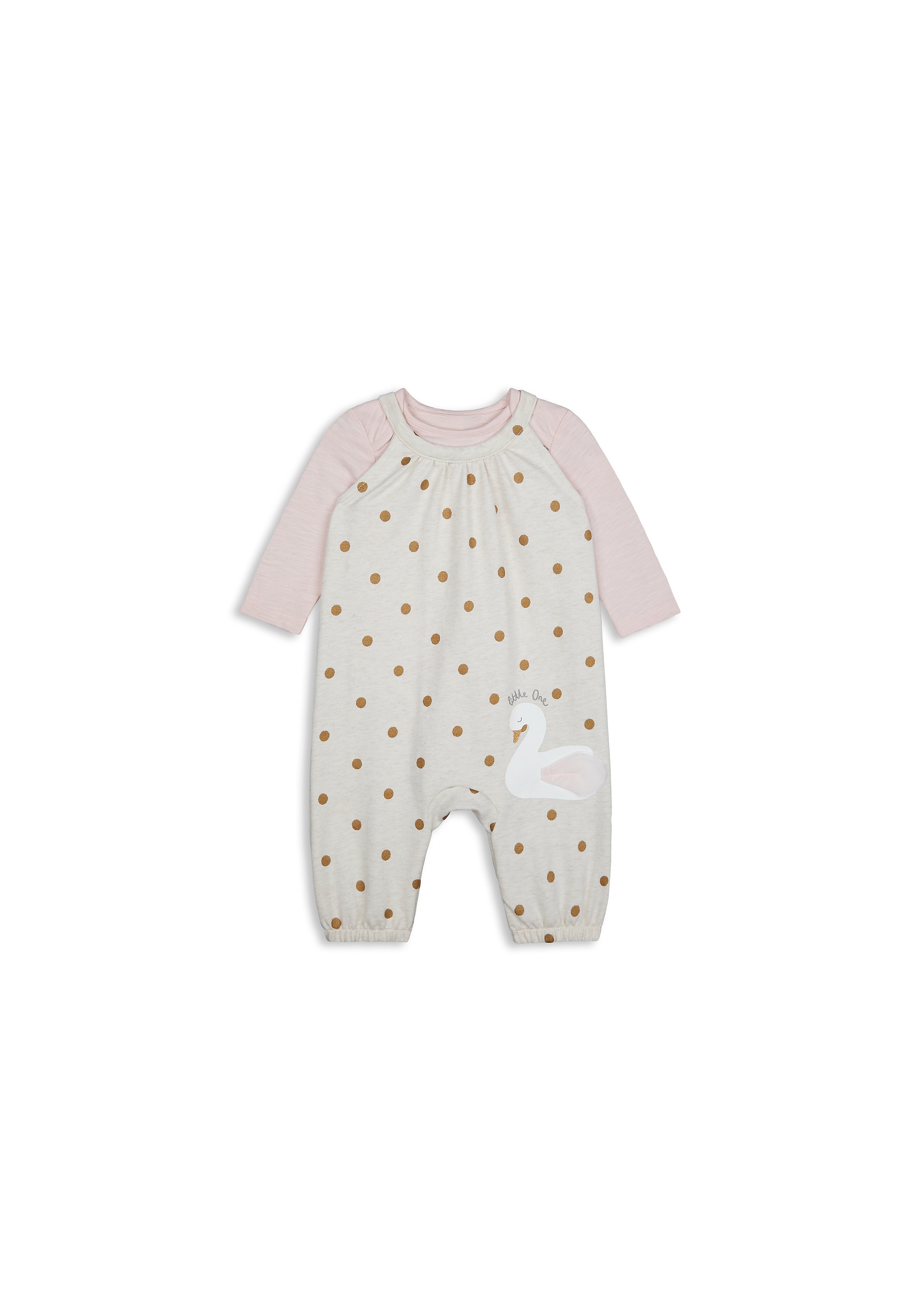 Mothercare | Girls Full Sleeves Dungaree Set Glitter Swan Print - Grey