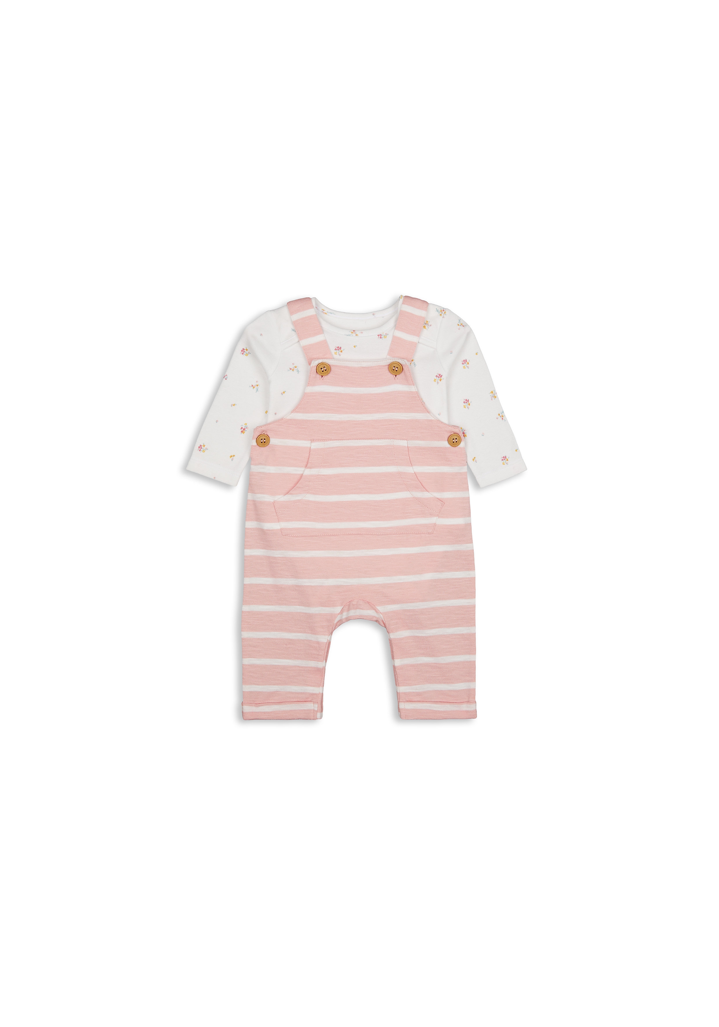 Mothercare | Girls Full Sleeves Dungaree Set Striped - Pink