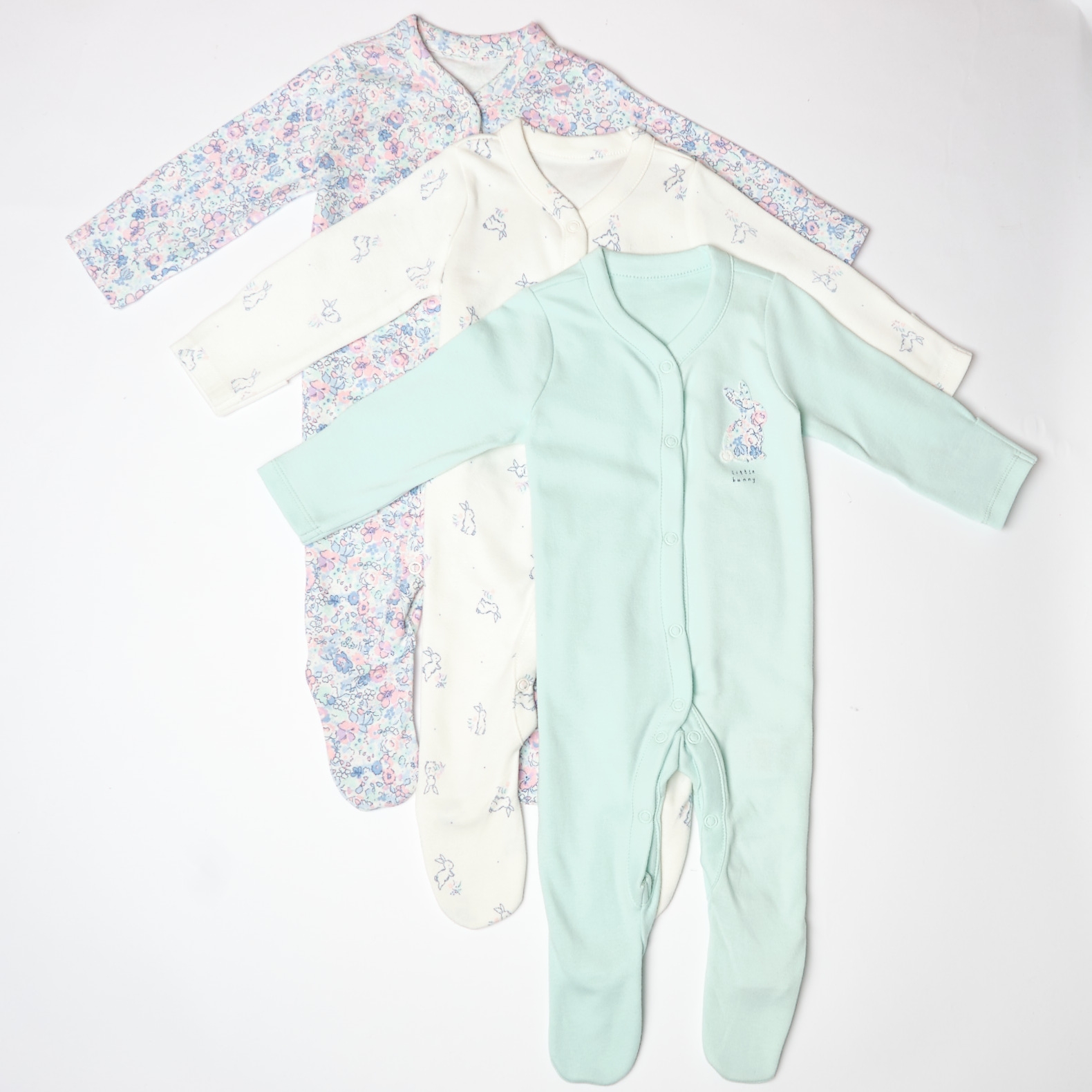 Mothercare | Girls Full Sleeves Sleepsuit Bunny And Floral Print - Pack Of 3 - Blue