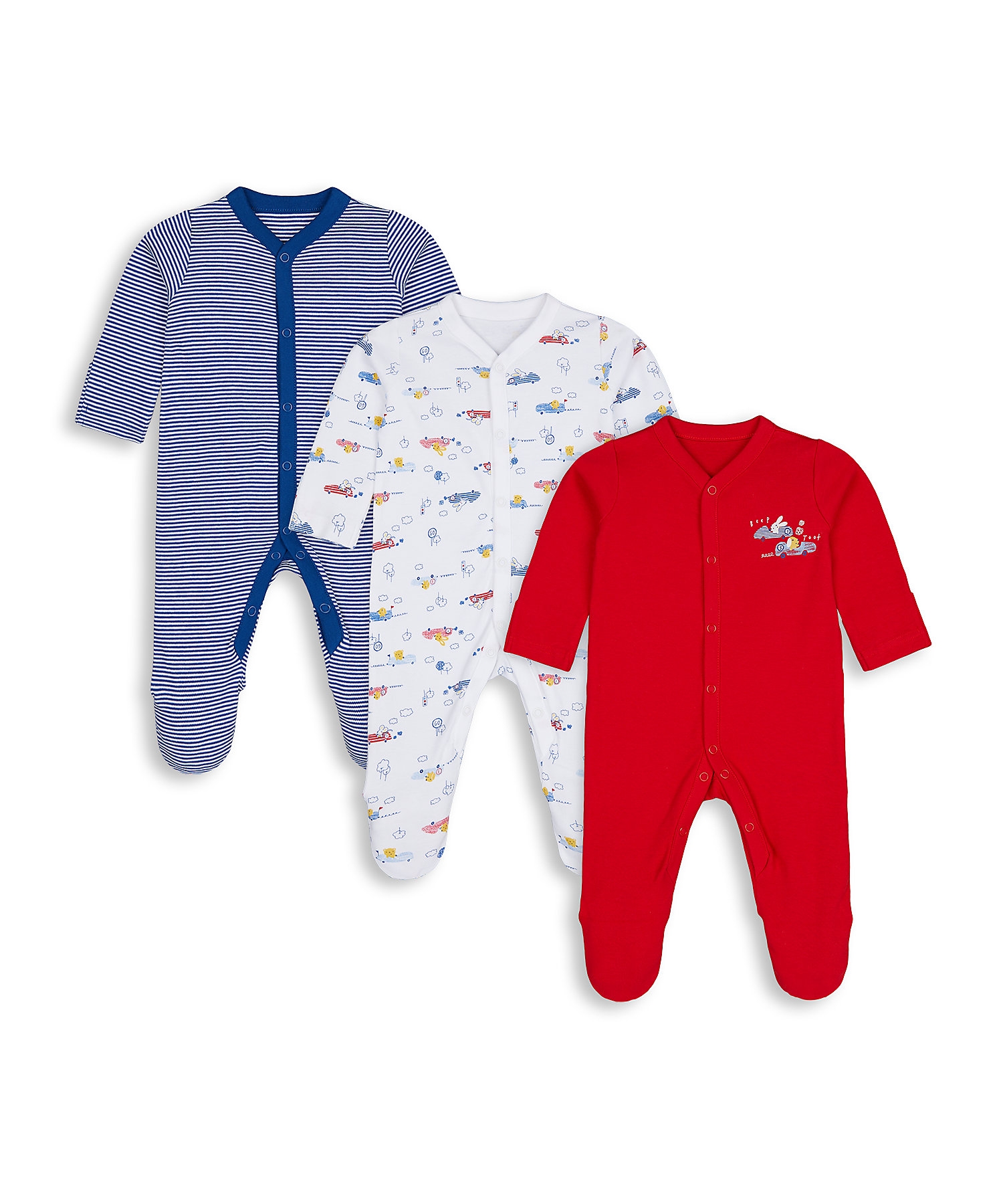 Mothercare | Boys Full Sleeves Sleepsuits -Pack of 3-Multicolour