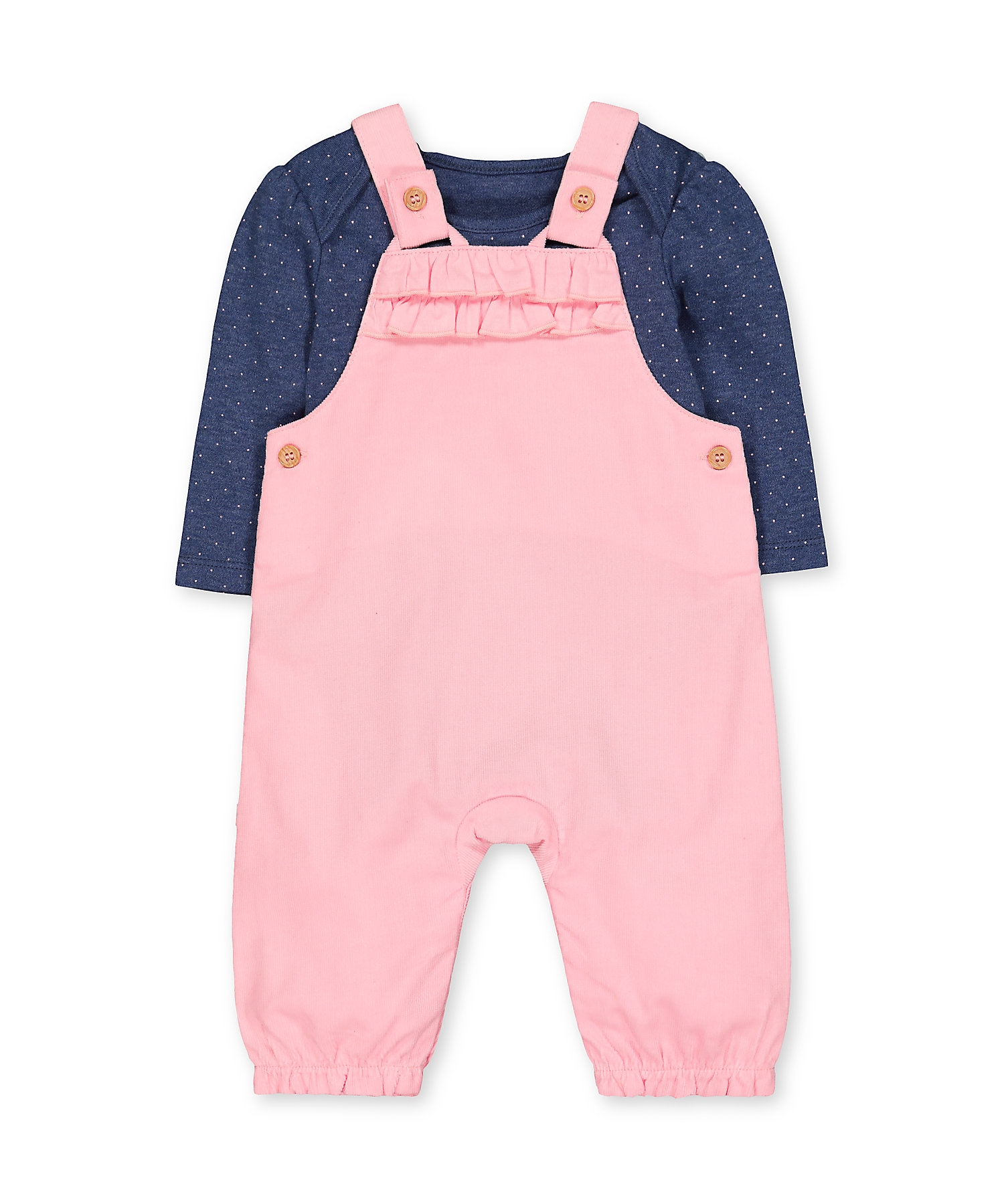 Mothercare | Girls Full Sleeves Cord Dungaree And Bodysuit Set Frill Detail - Pink