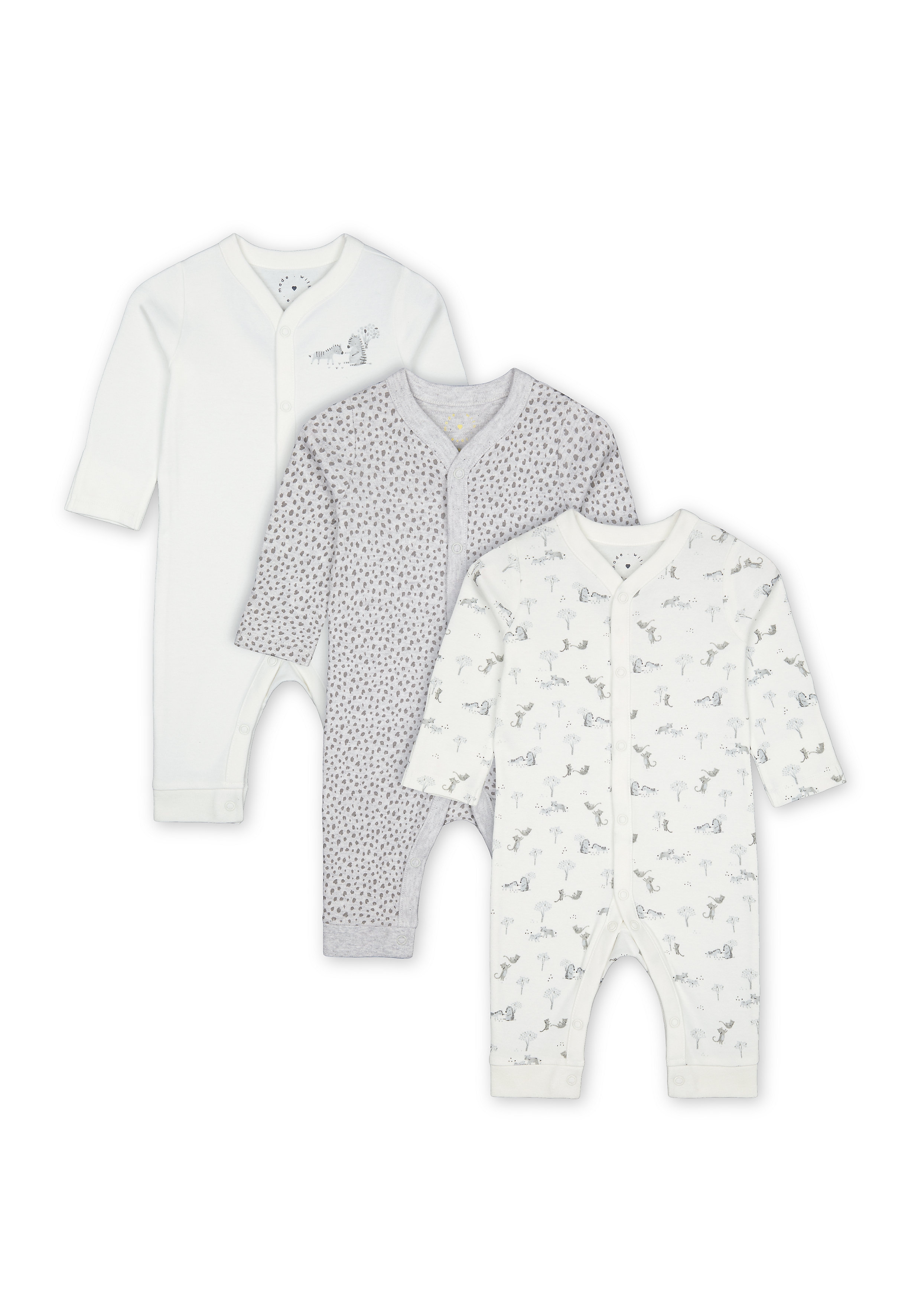 Mothercare | Unisex Full Sleeves Sleepsuit Leopard Print - Pack Of 3 - Grey
