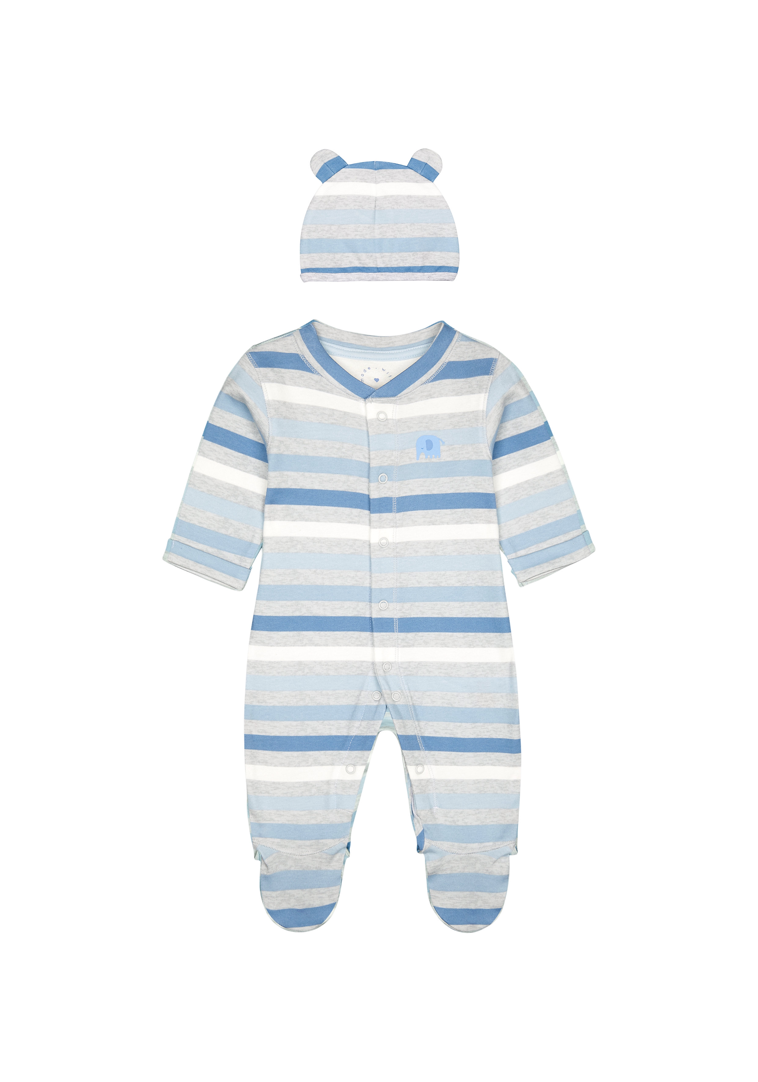 Boys Full Sleeves Romper With Hat Striped And 3D Ear Detail - Blue