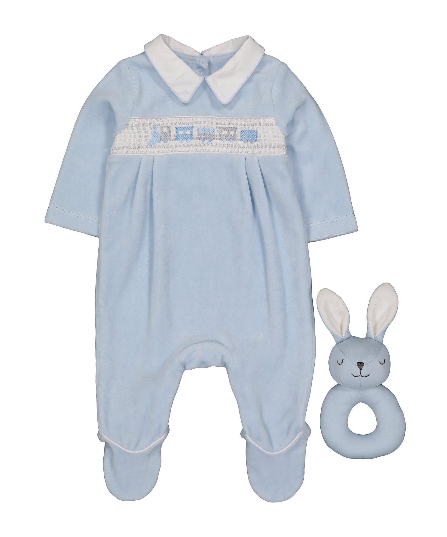 Mothercare | Boys Full Sleeves Velour Romper And Rattle Set Embroidered - Blue