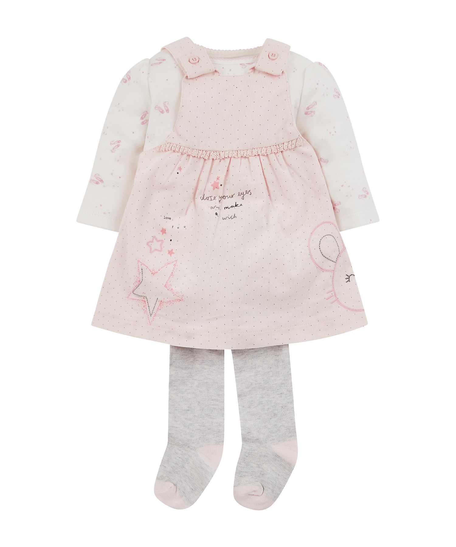 Mothercare | Girls Full Sleeves Cord Dress, Bodysuit And Tights Set Star Embroidery - Pink