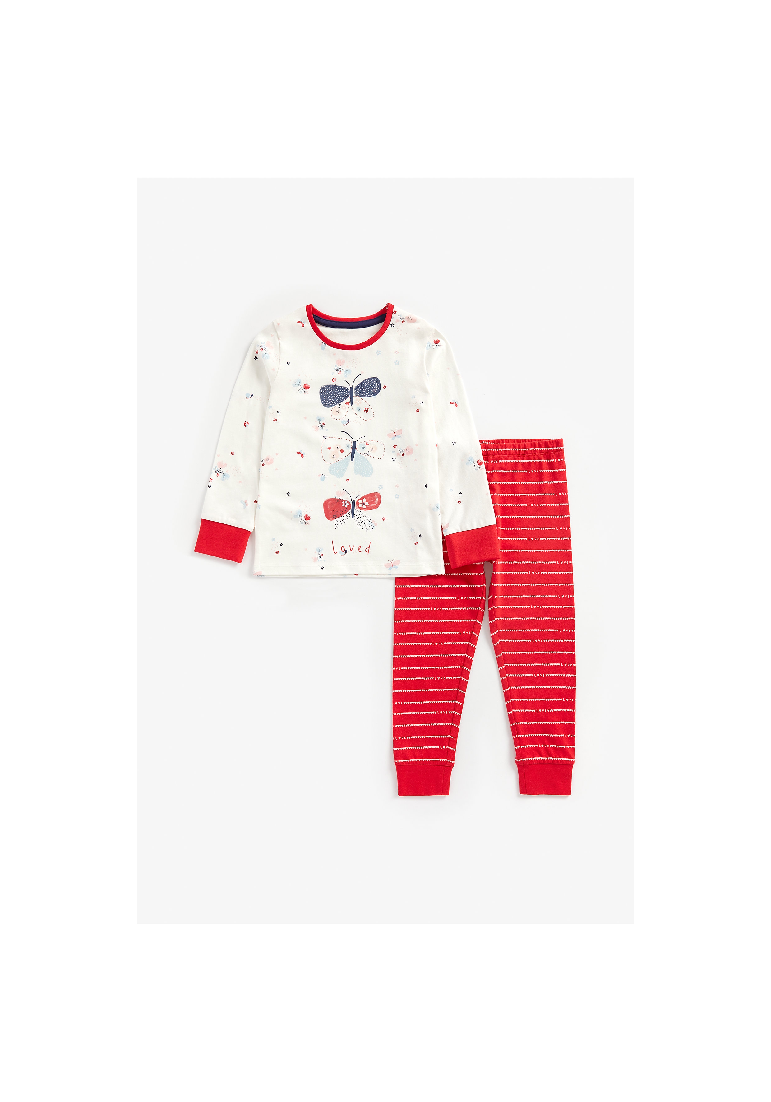 Girls Full Sleeves Pyjama Set Butterfly Print - Red