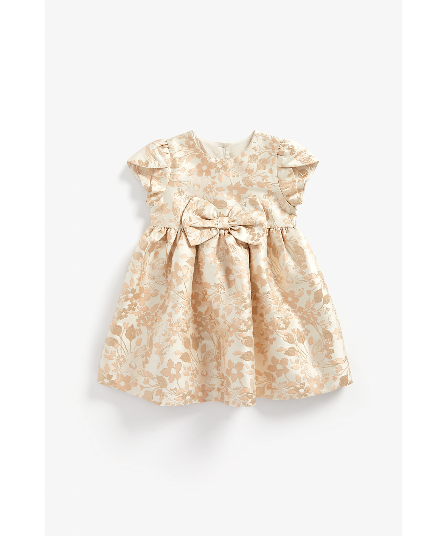Girls Half Sleeves Jacquard Party Dress Bow Detail - Beige
