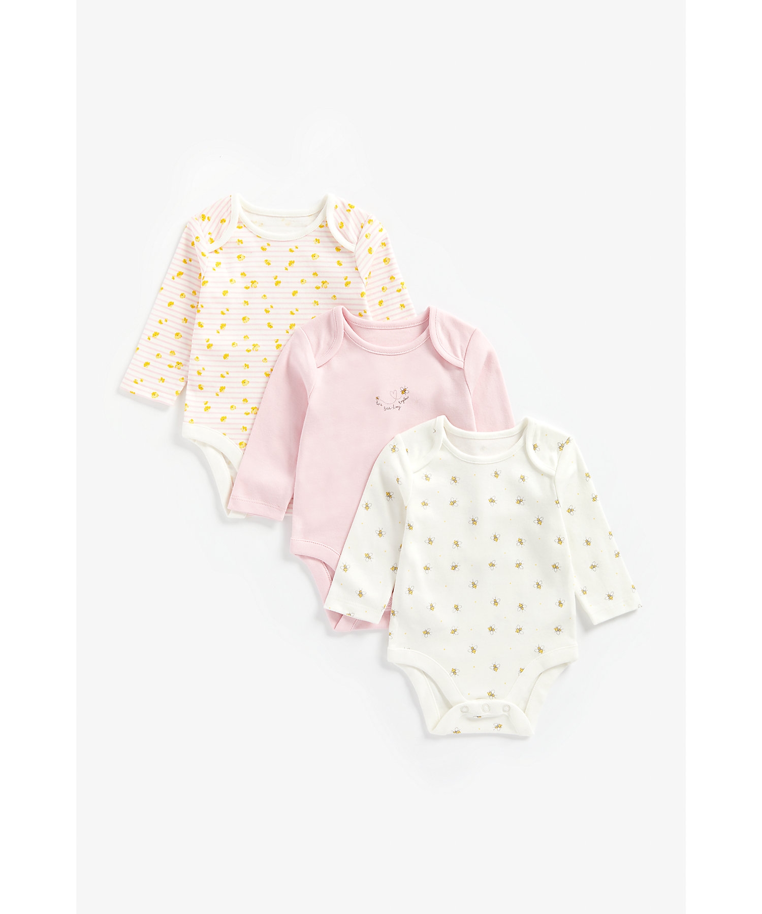 Mothercare | Girls Full Sleeves Bodysuit Bee Print - Pack Of 3 - Multicolor