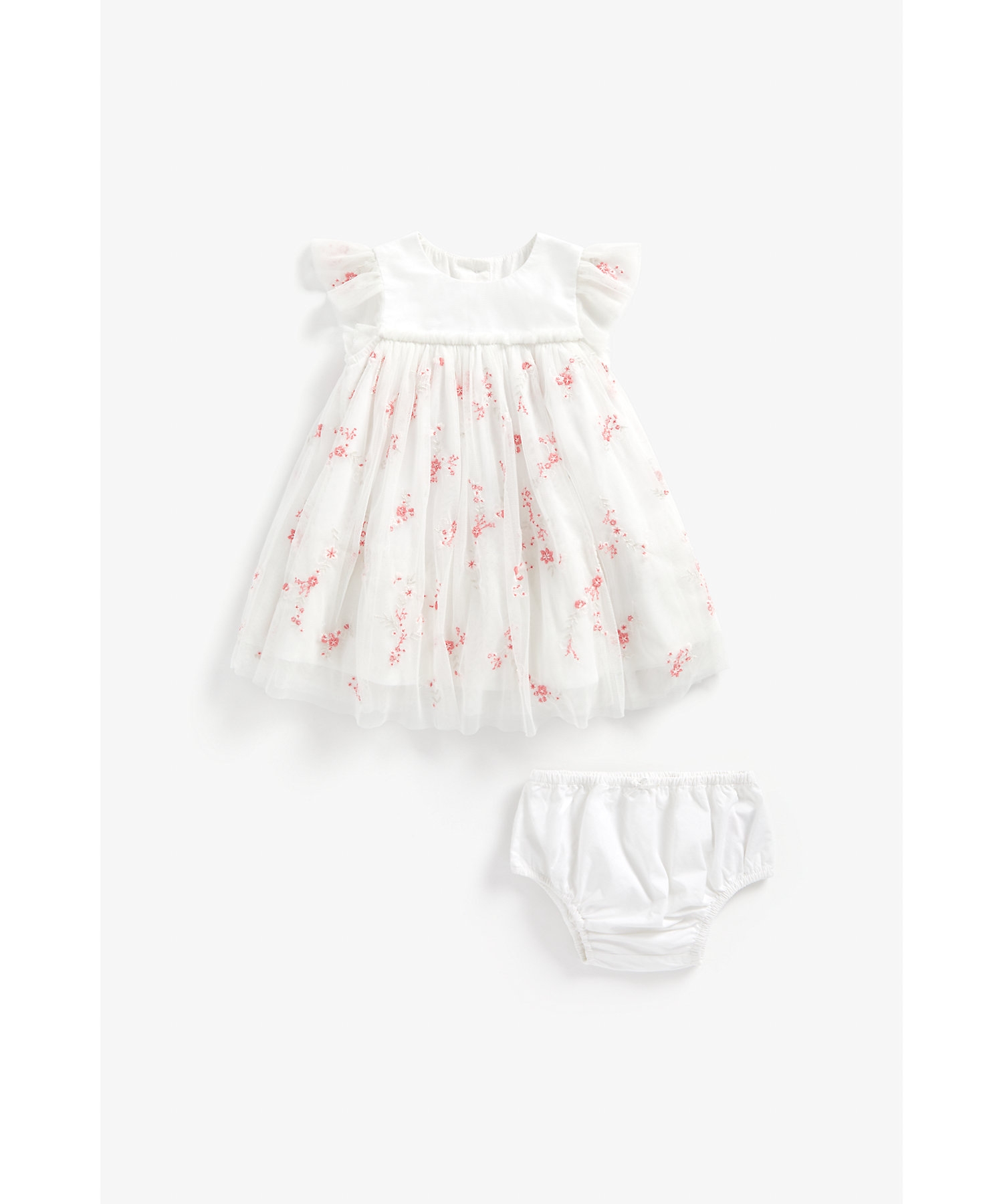 Mothercare | Girls Half Sleeves Party Dress Floral Embroidery - White