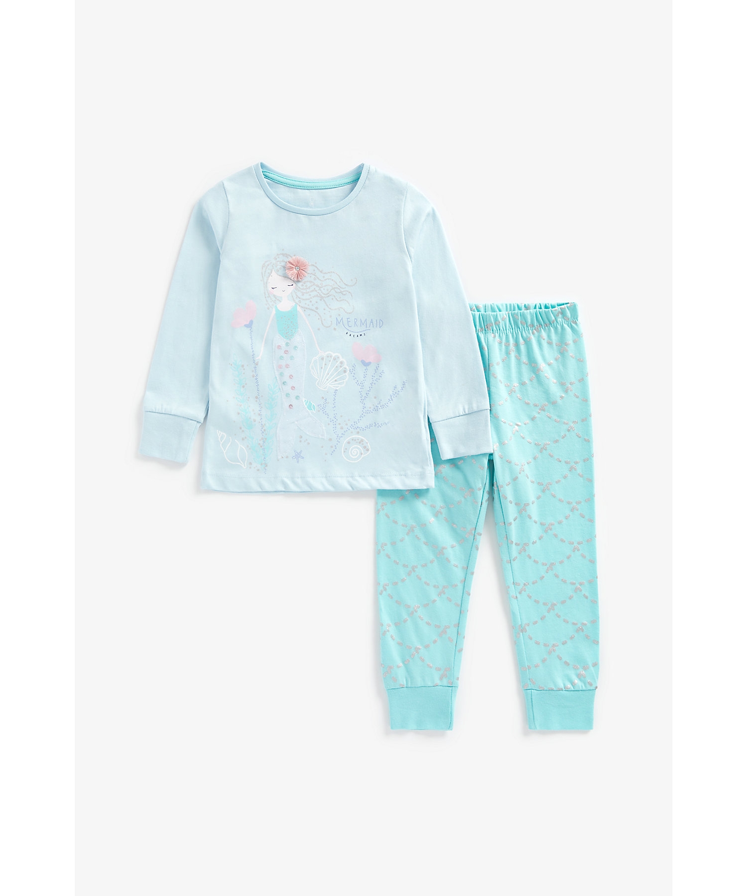 Girls Full Sleeves Pyjama Set Embellished Mermaid Design - Blue