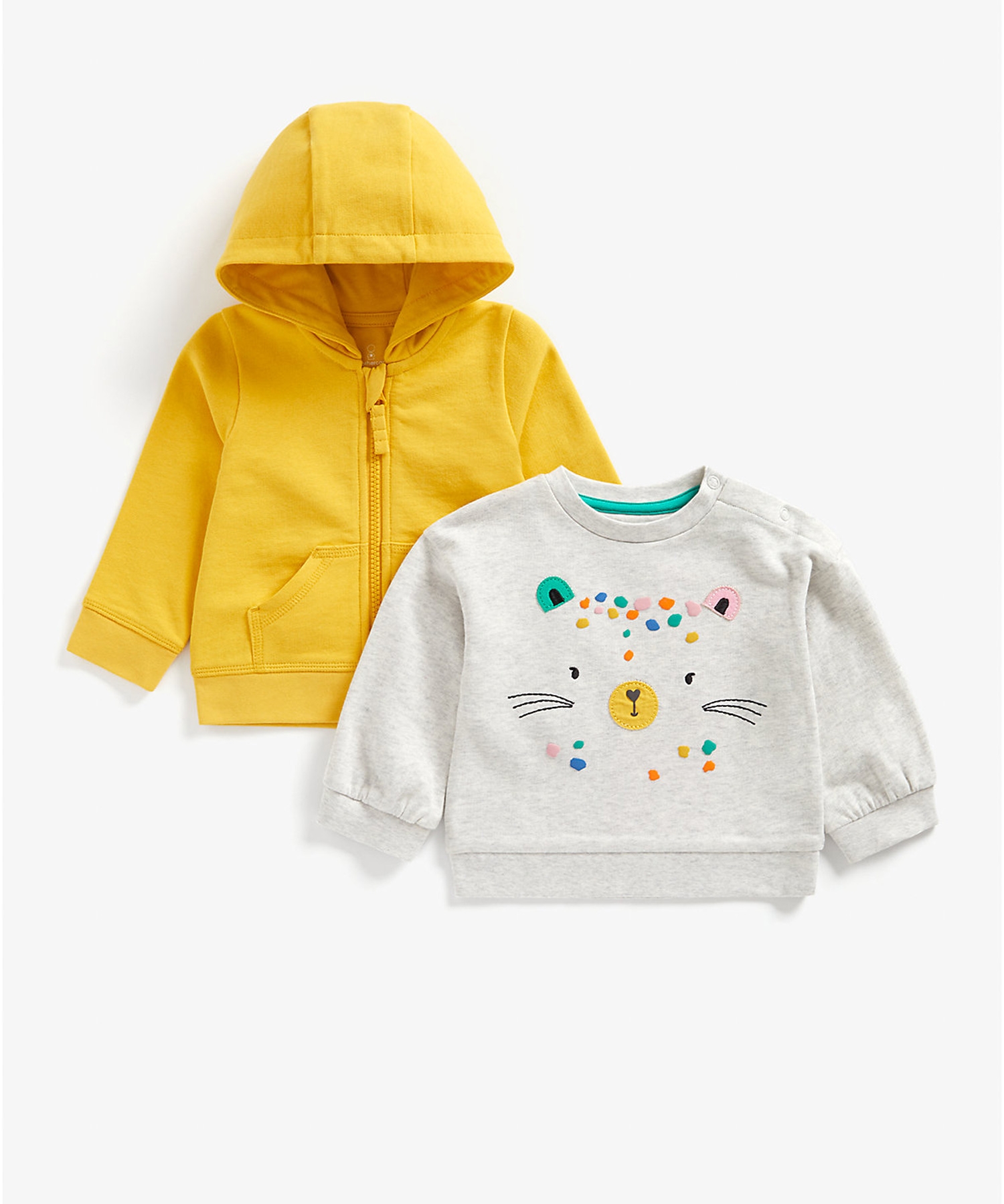 Mothercare | Girls Full Sleeves Hoody And Top Set Cat Patchwork - Yellow