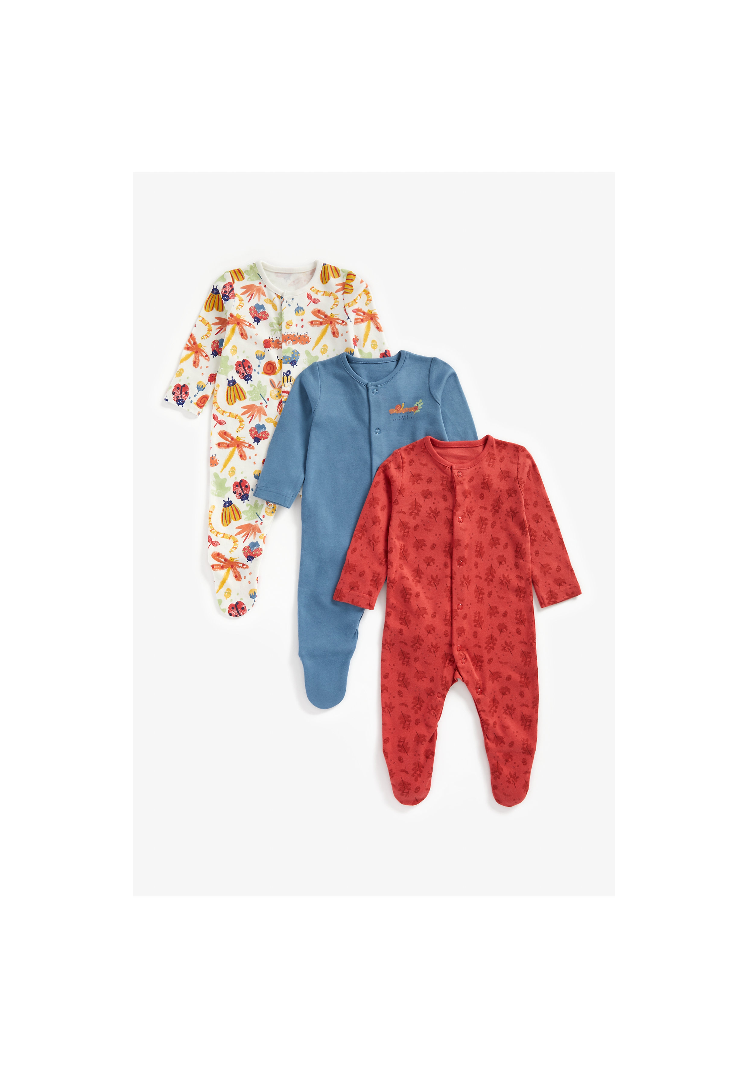 Mothercare | Boys Full Sleeves Sleepsuit Bug Print - Pack Of 3 - Multicolor