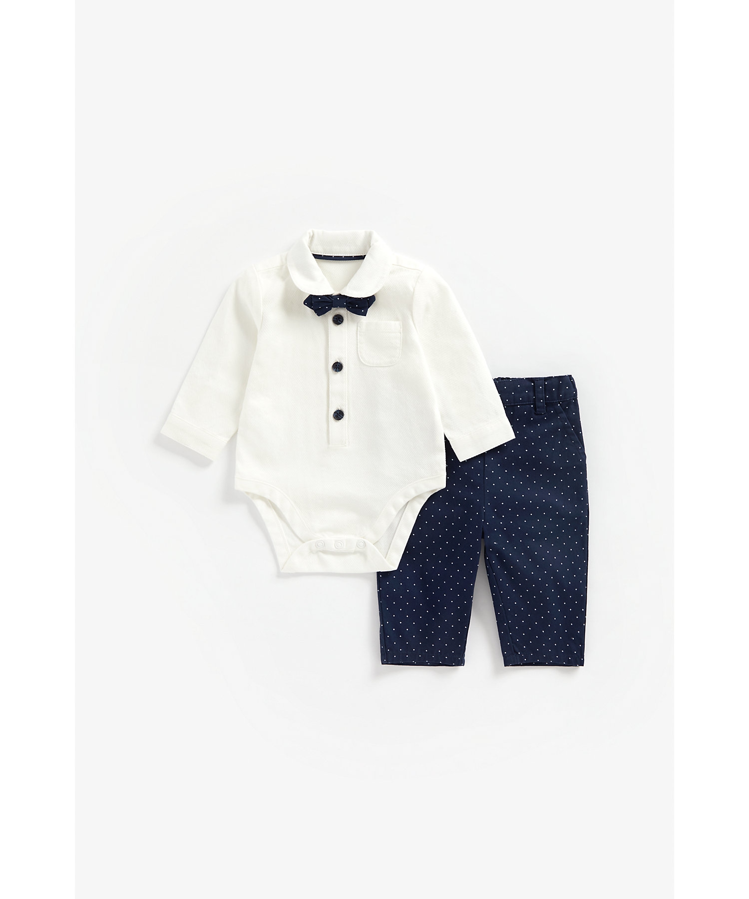 Boys Full Sleeves Bodysuit, Bow Tie And Trousers Party Set - Navy