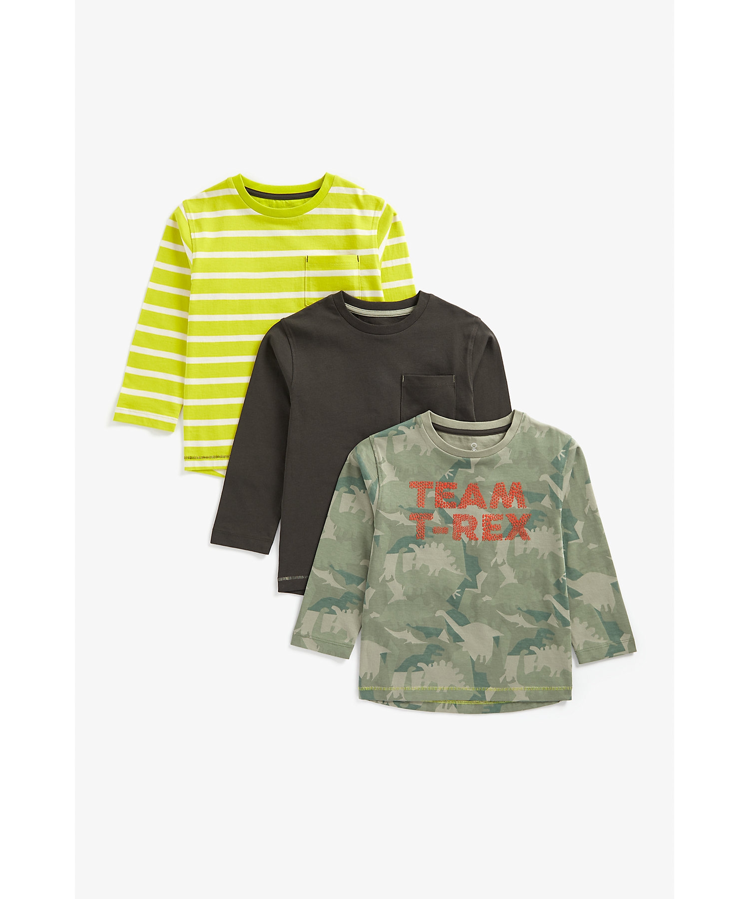 Mothercare | Boys Full Sleeves T-Shirt Striped And Dino Print - Pack Of 3 - Multicolor