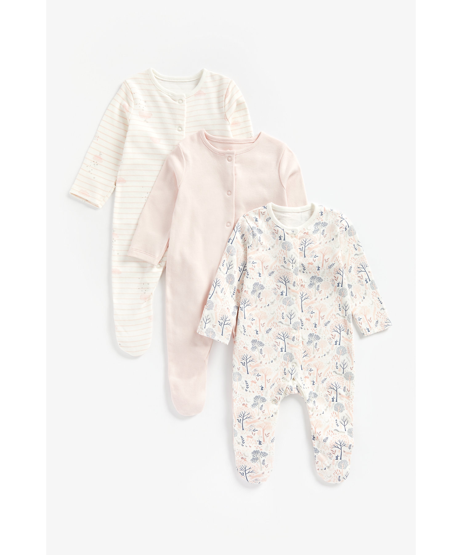 Mothercare | Girls Full Sleeves Sleepsuit Striped And Printed - Pack Of 3 - Pink