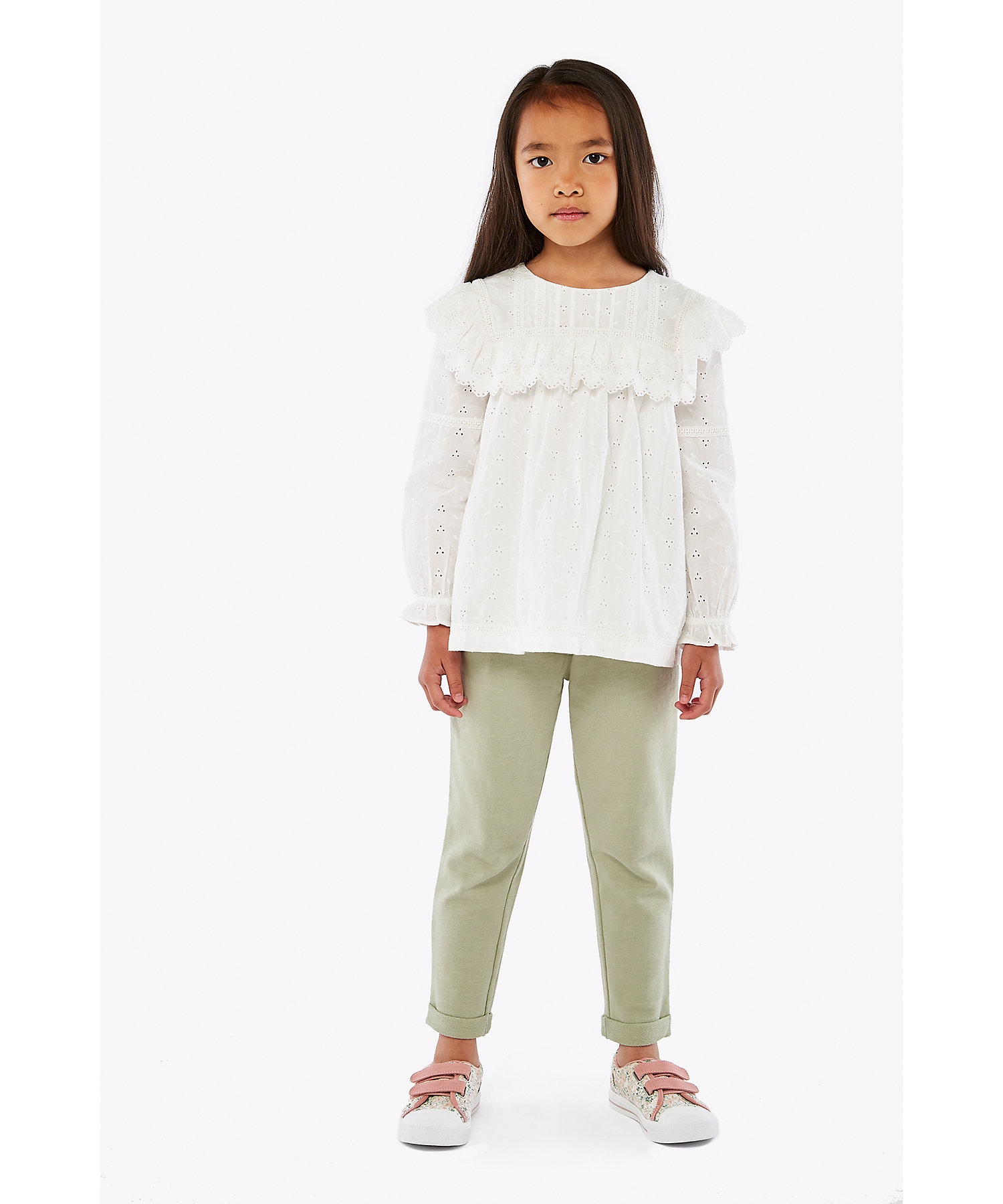 Mothercare | Girls Full Sleeves Schiffli Top Lace And Frill Detail - White
