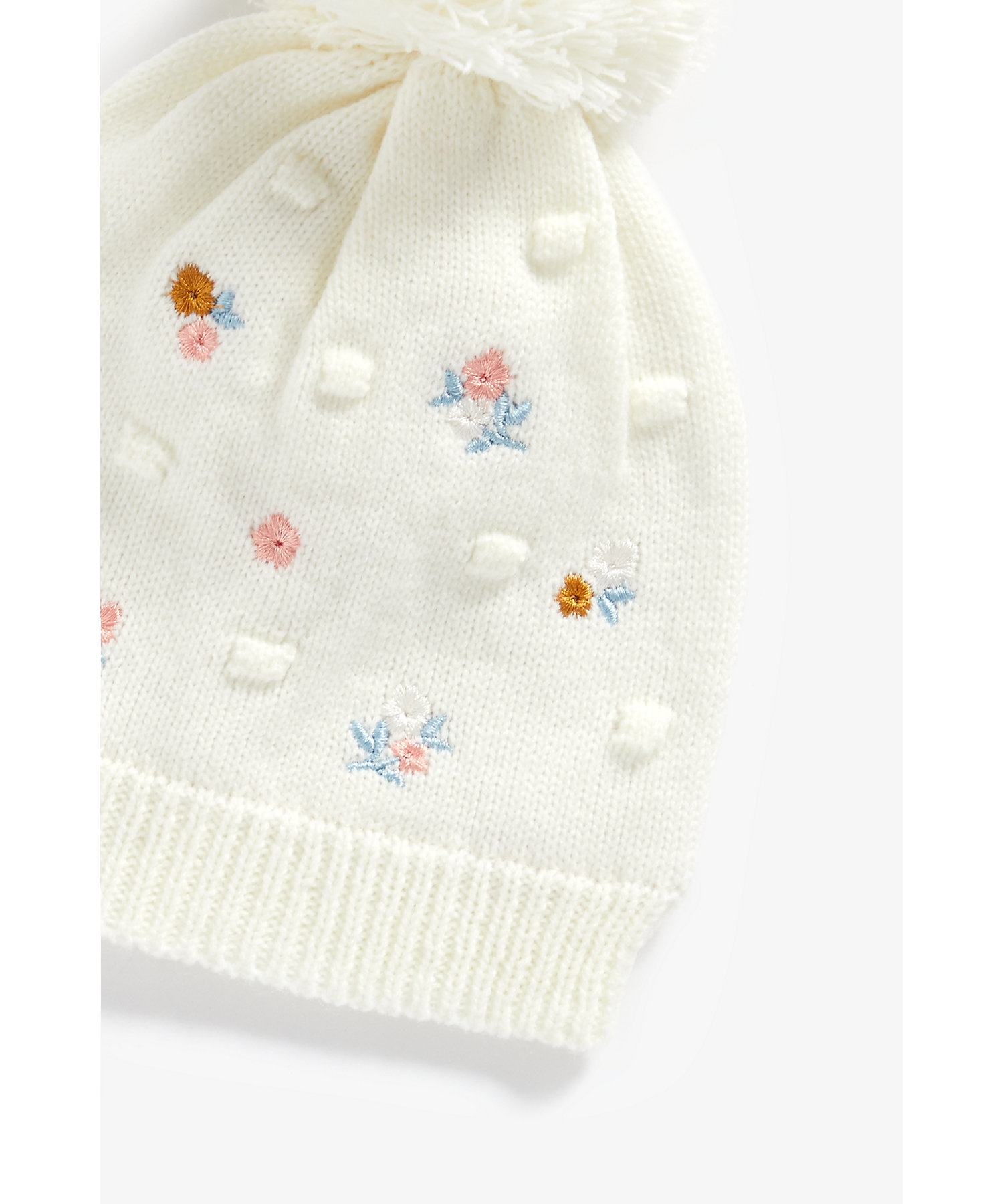 Girls Pom Pom Beanie Floral Embroidery - Cream