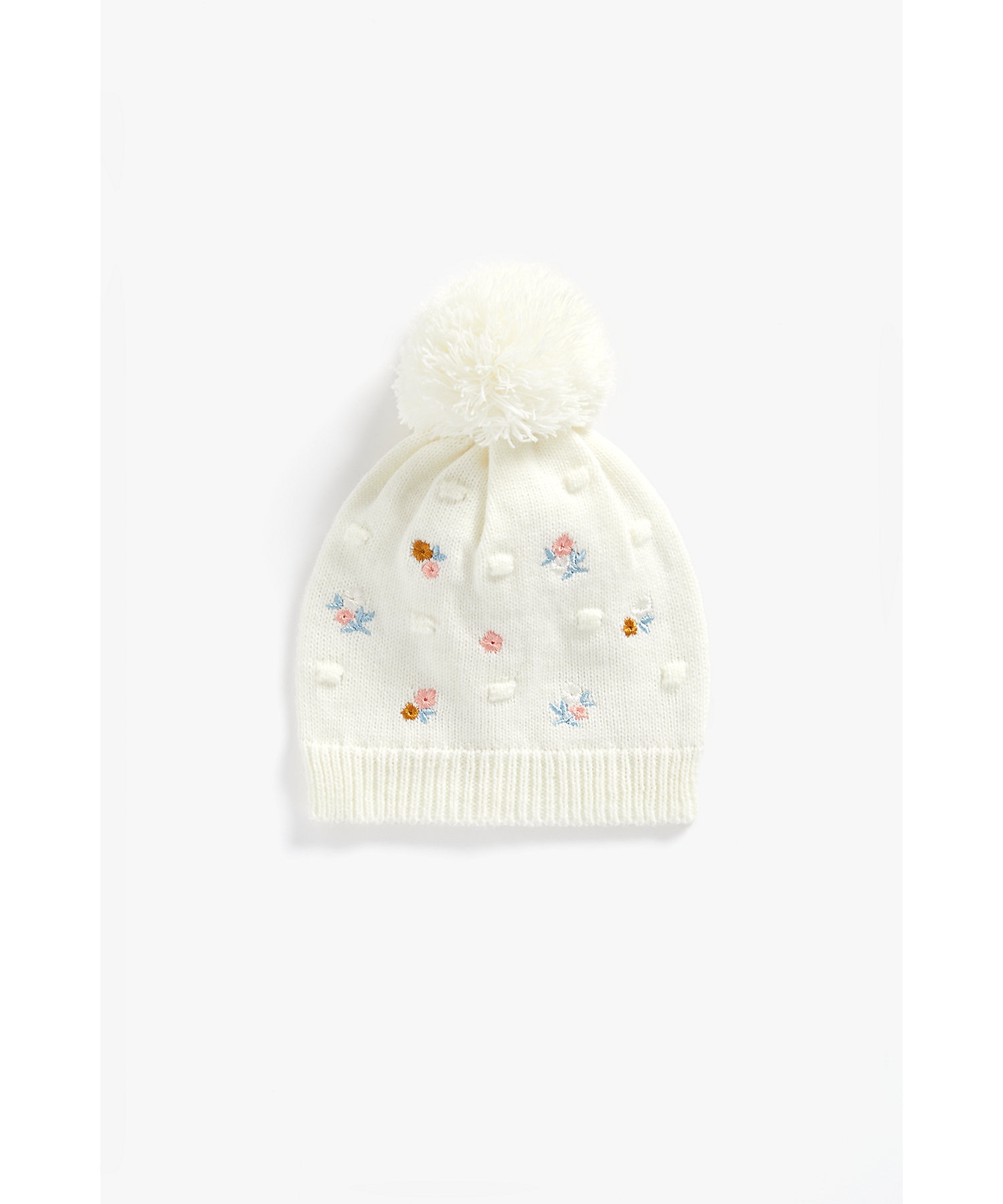 Mothercare | Girls Pom Pom Beanie Floral Embroidery - Cream