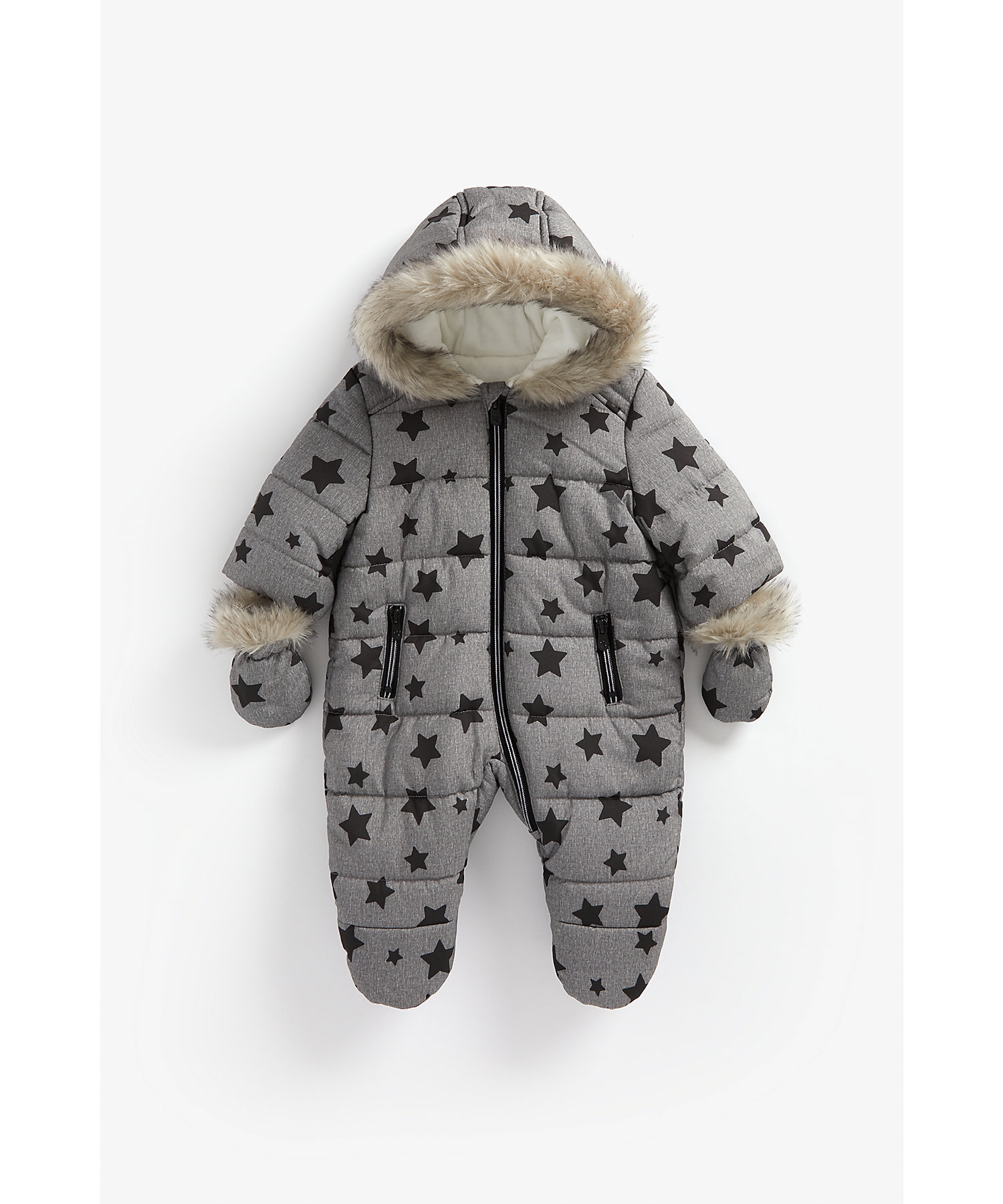Mothercare | Boys Full Sleeves Snowsuit With Velour Lining Star Print - Grey
