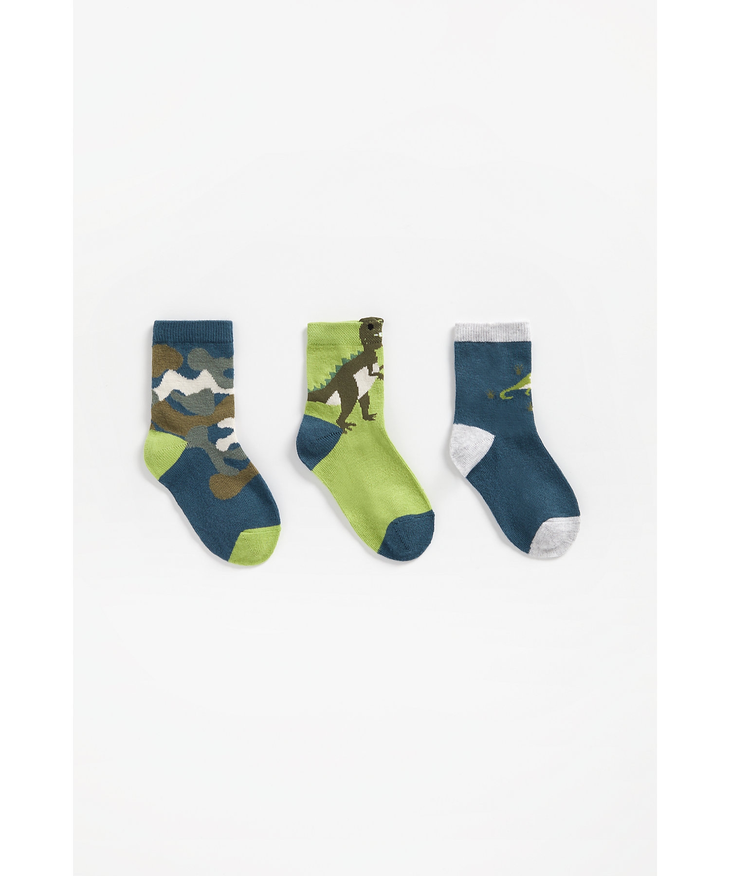Boys Socks Dino And Camo Design - Pack Of 3 - Green
