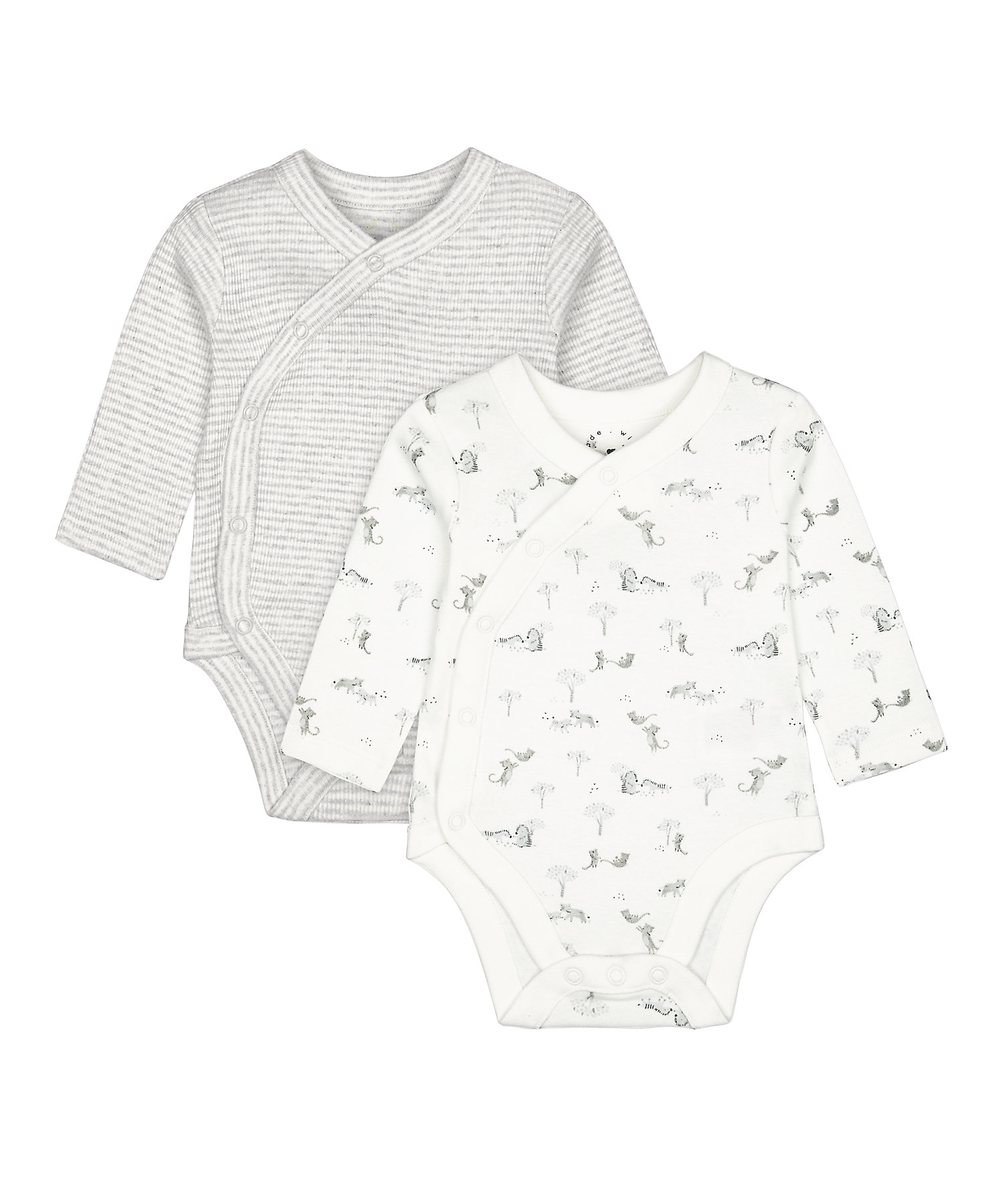 Mothercare | Unisex Full Sleeves Bodysuit Adorable Prints-Pack of 2-Grey