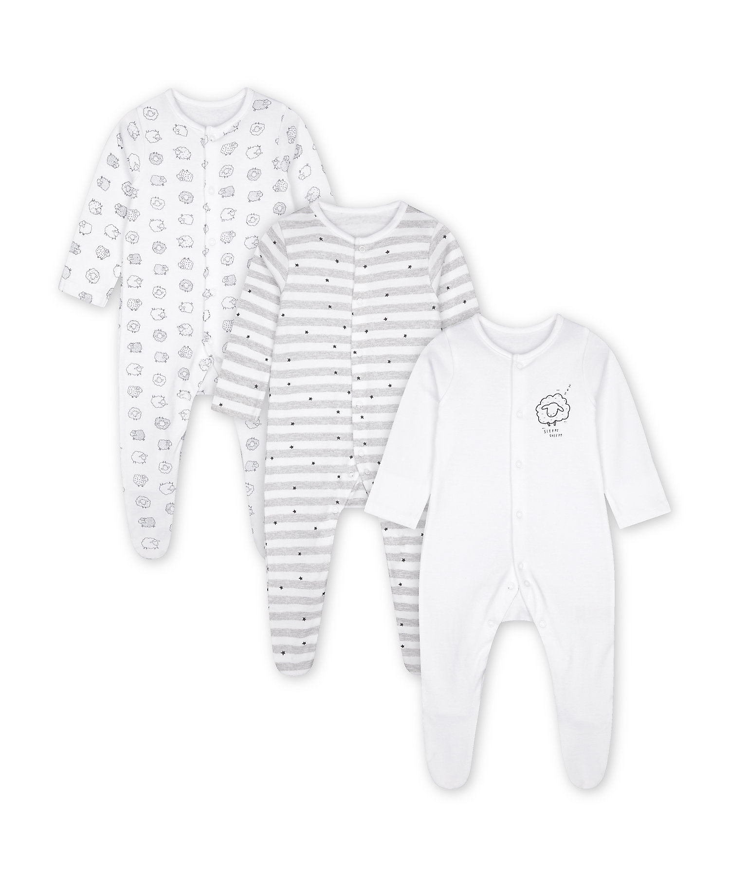 Mothercare | Unisex Full Sleeves Sleepsuits -Pack of 3-White