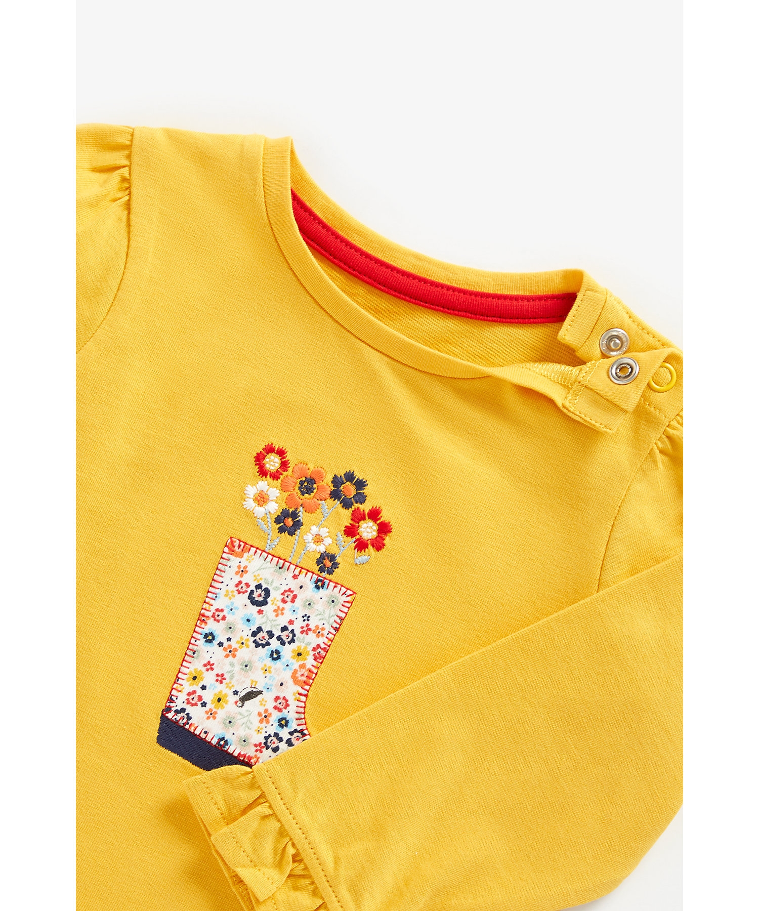 Girls Full Sleeves T-Shirt Floral Embroidery And Boot Patchwork - Mustard