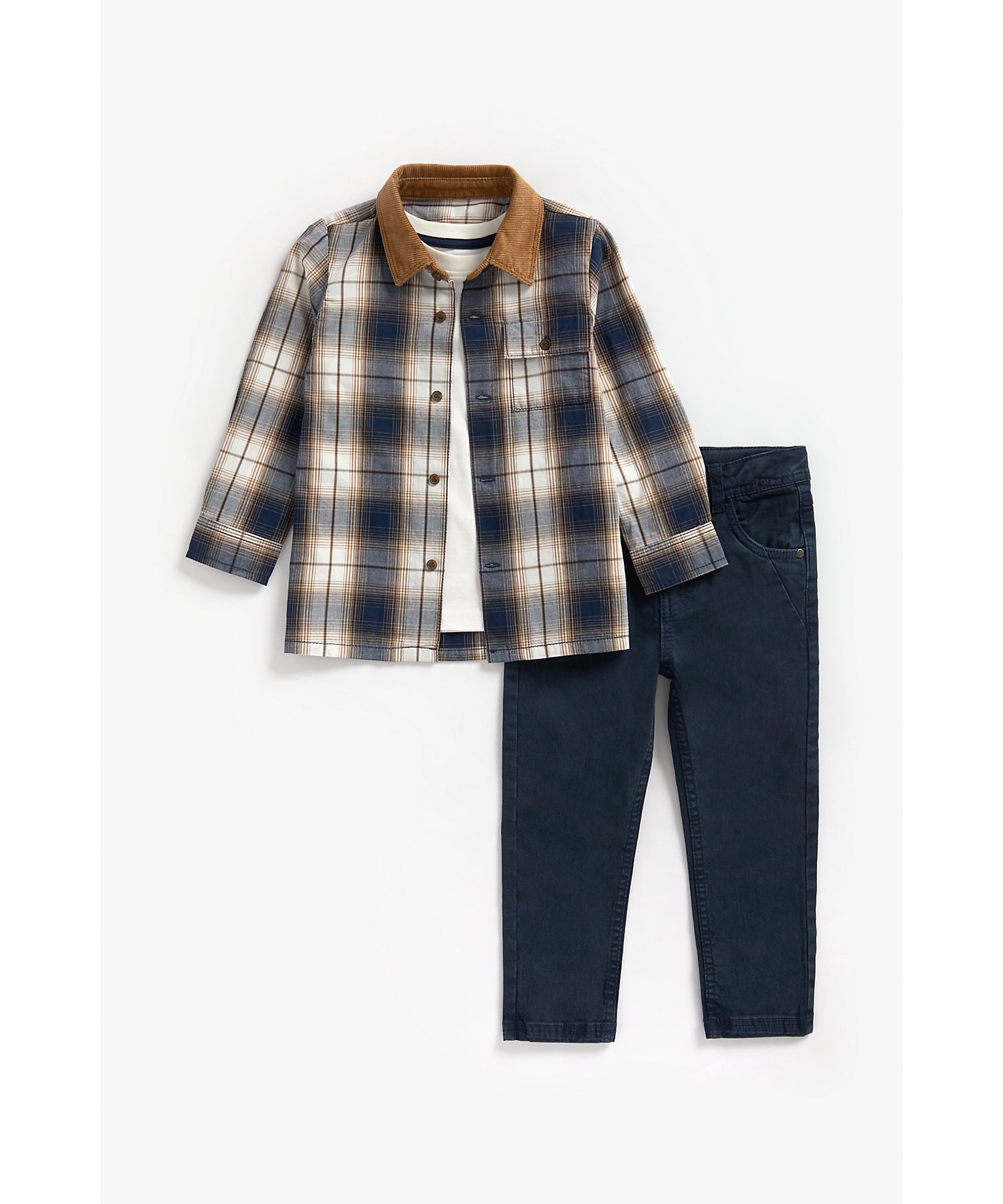 Mothercare | Boys Full Sleeves Checked Shirt, T-Shirt And Trousers Set - Multicolor