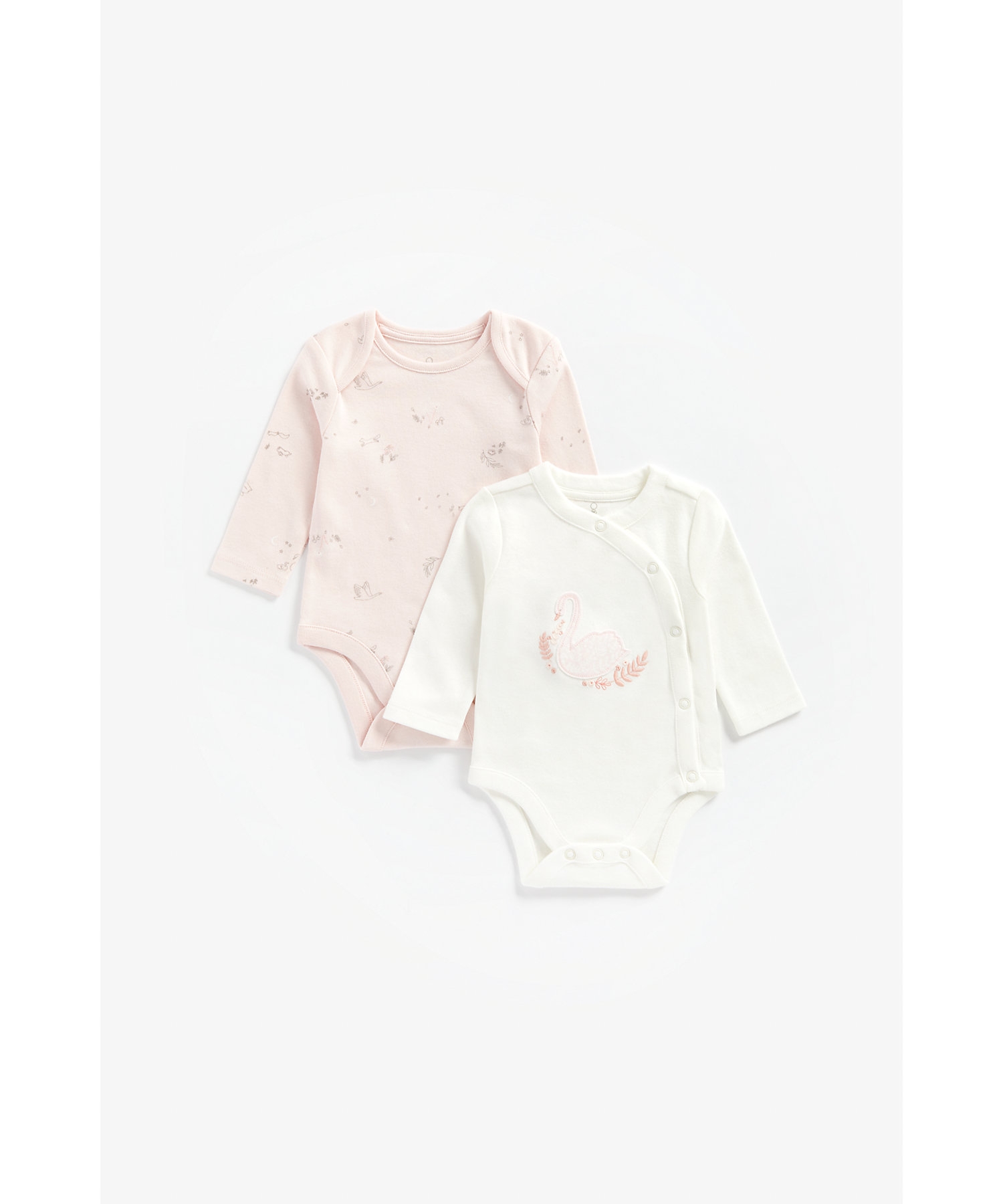 Mothercare | Girls Full Sleeves Bodysuit Swan Patchwork And Embroidery - Pack Of 2 - Pink