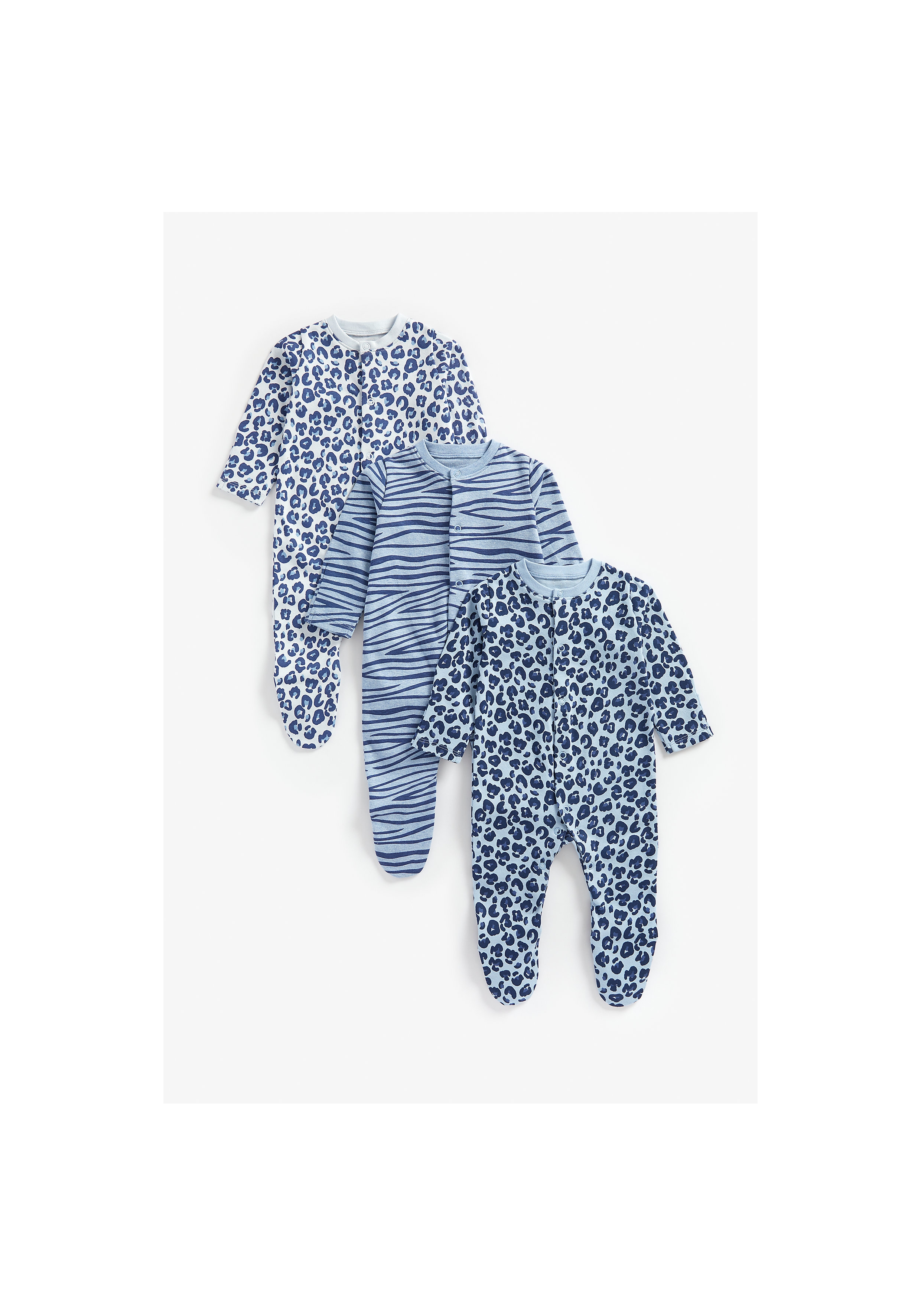 Mothercare | Boys Full Sleeves Sleepsuit Animal Print - Pack Of 3 - Blue