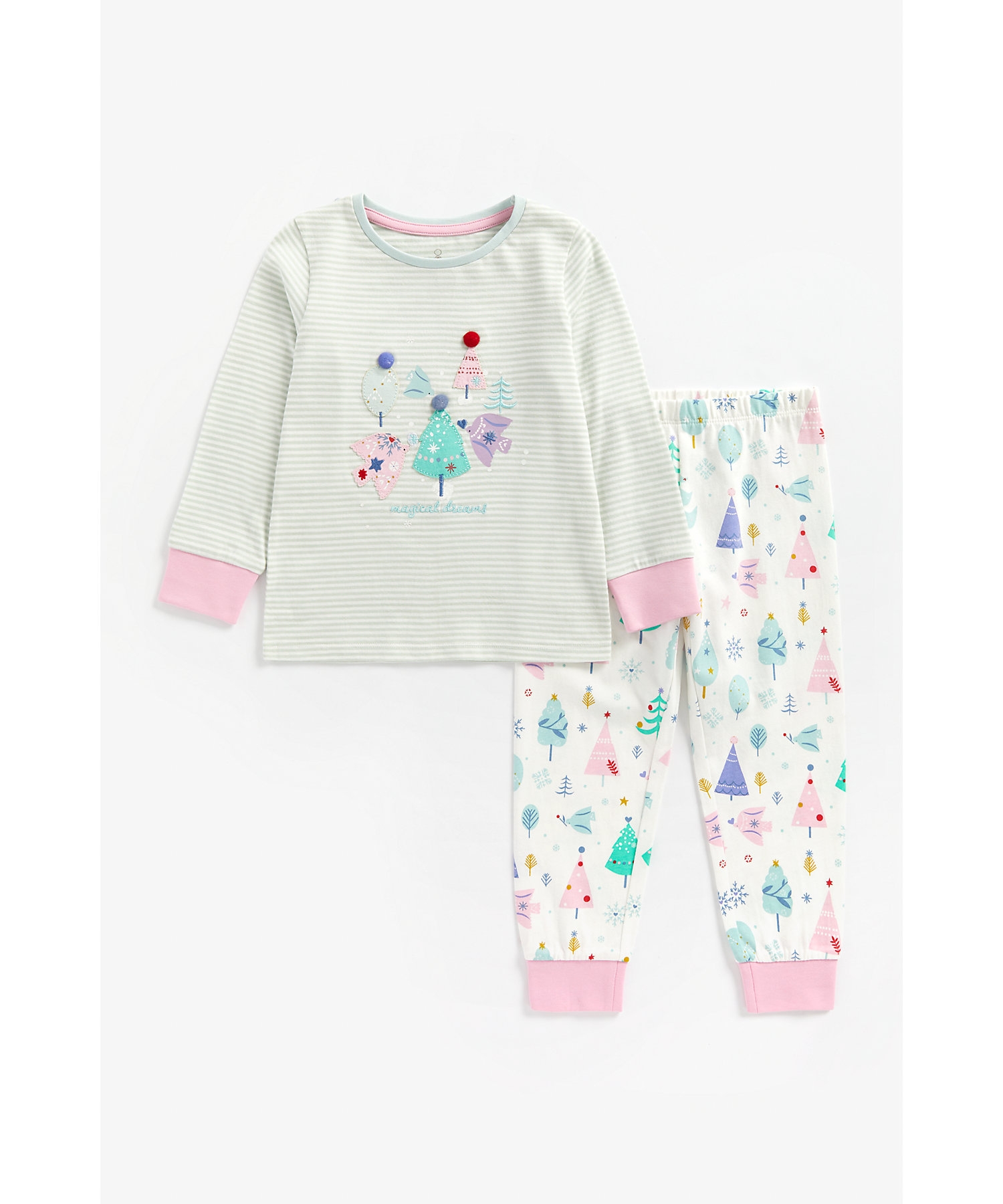 Mothercare | Girls Full Sleeves Pyjama Set Patchwork And Pom Pom Detail - Grey