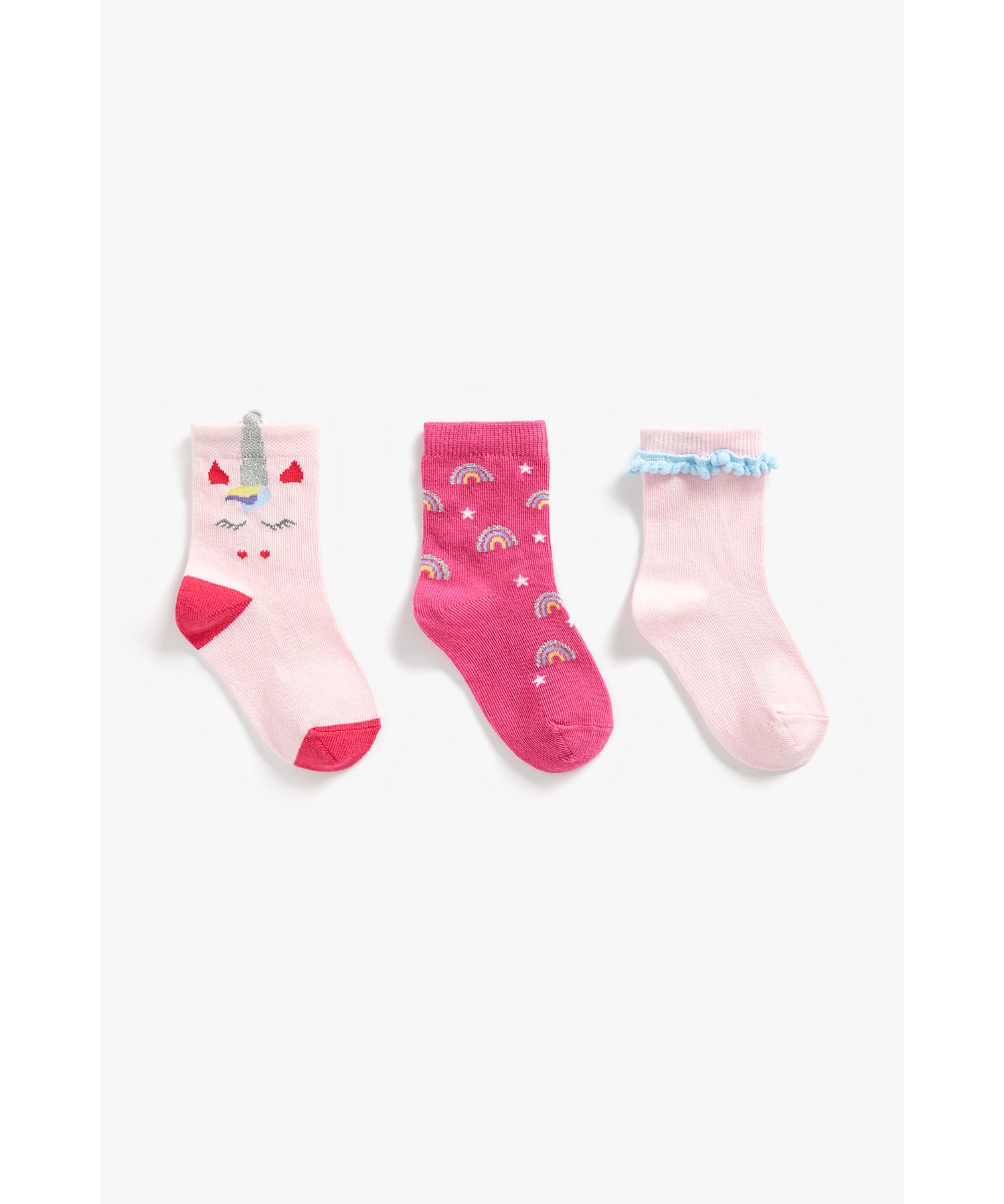 Mothercare | Girls Socks Glitter Unicorn Design - Pack Of 3 - Pink