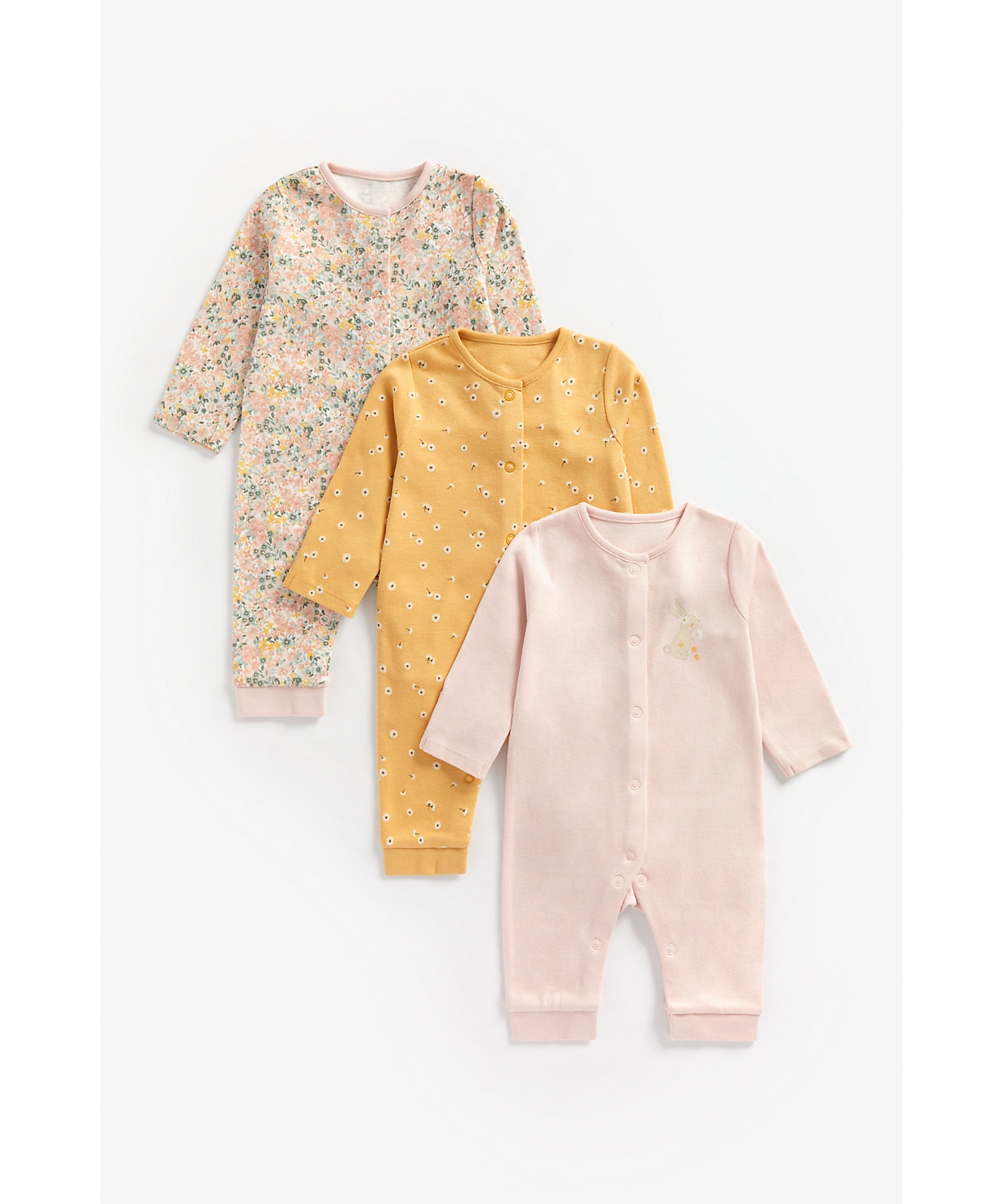 Mothercare | Girls Full Sleeves Sleepsuit Floral Print - Pack Of 3 - Multicolor