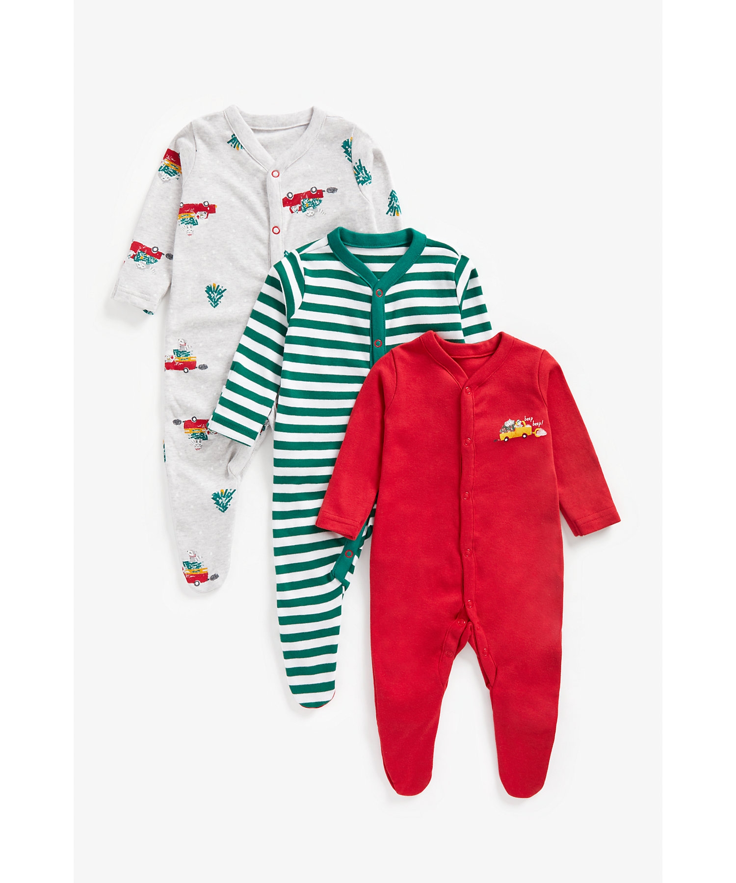 Mothercare | Boys Full Sleeves Sleepsuits Vehicle & Striped-Pack of 3-Multicolor