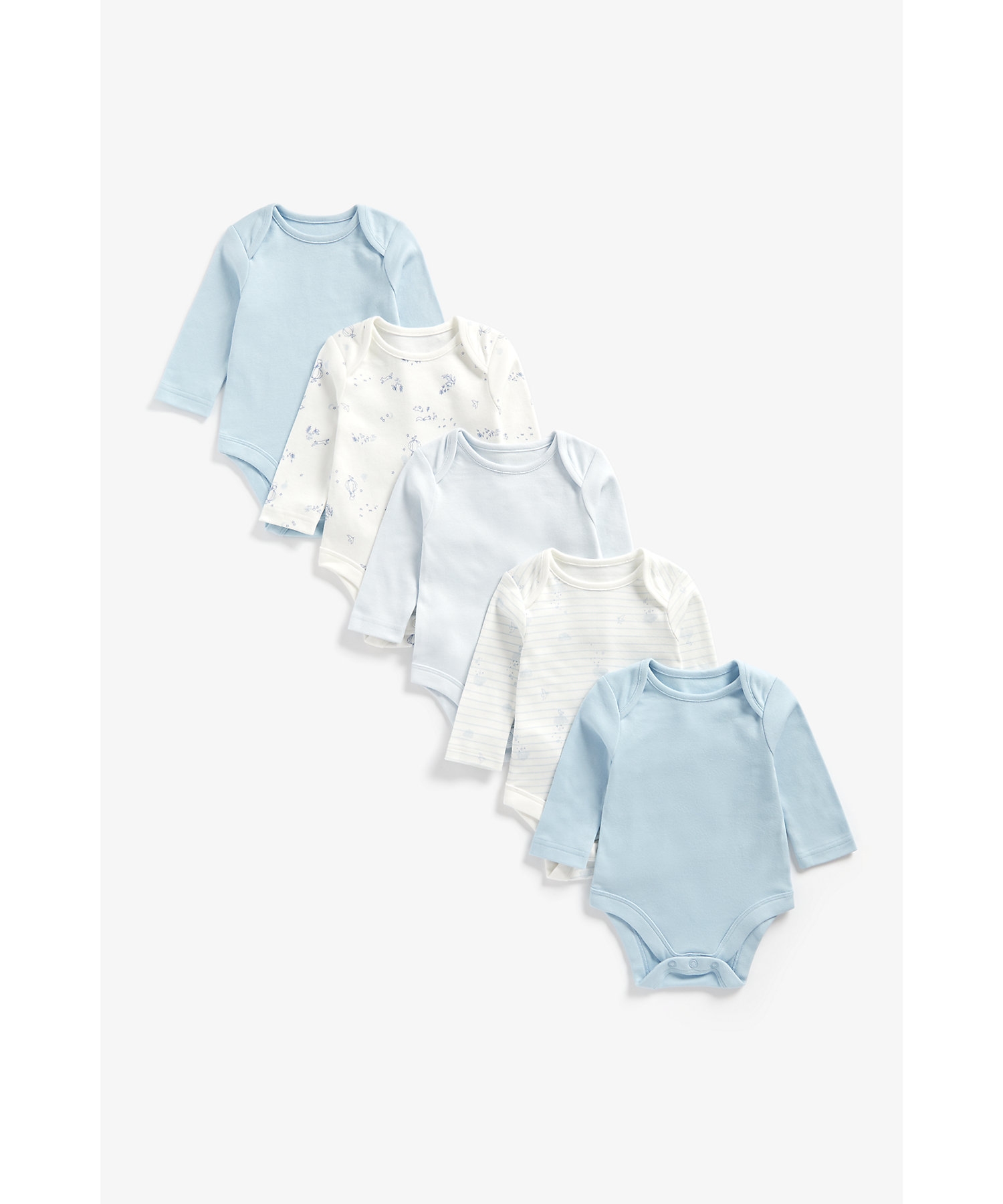 Mothercare | Boys Full Sleeves Bodysuit Striped And Printed - Pack Of 5 - Blue