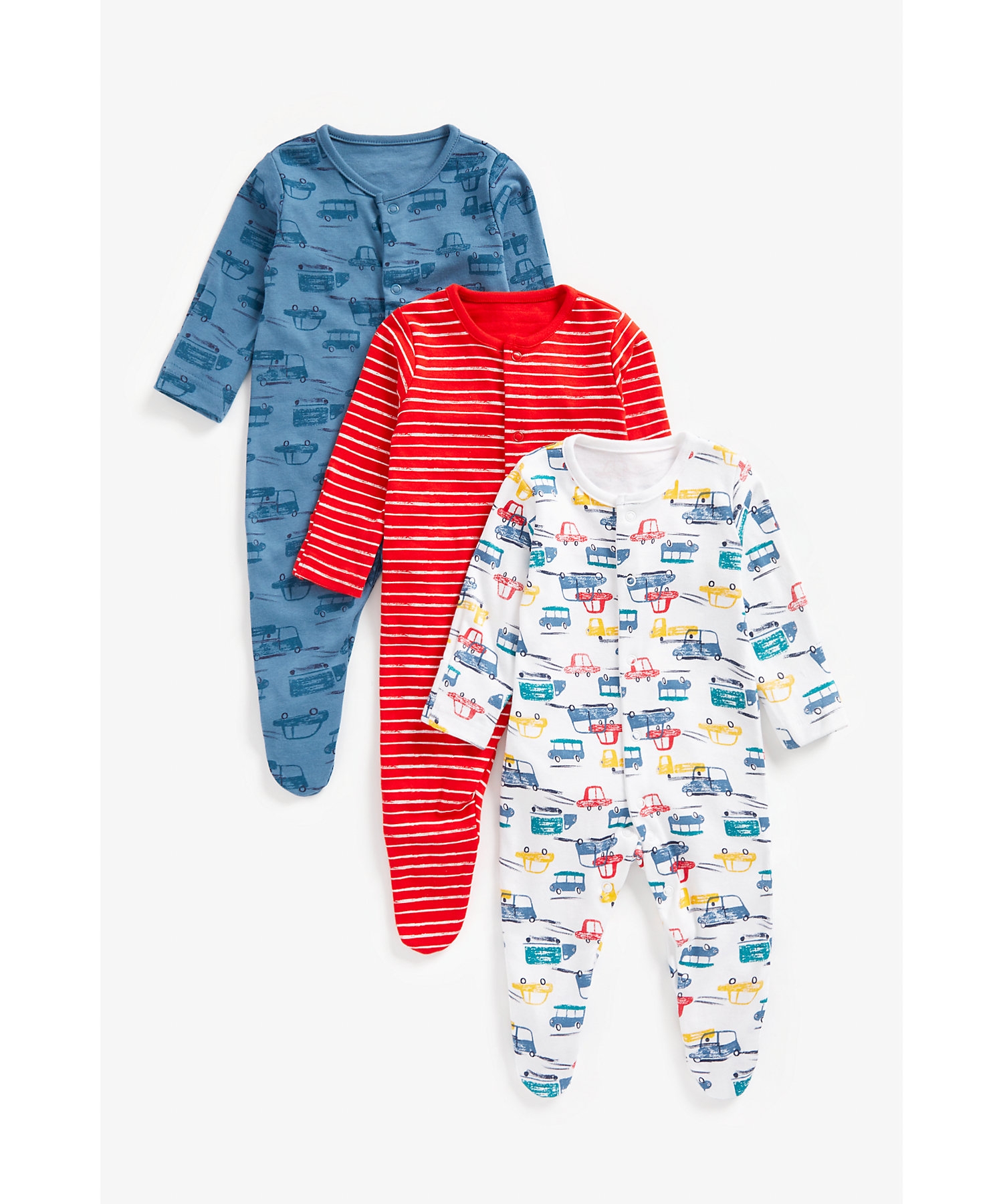 Mothercare | Boys Full Sleeves Sleepsuits -Pack of 3-Multicolor