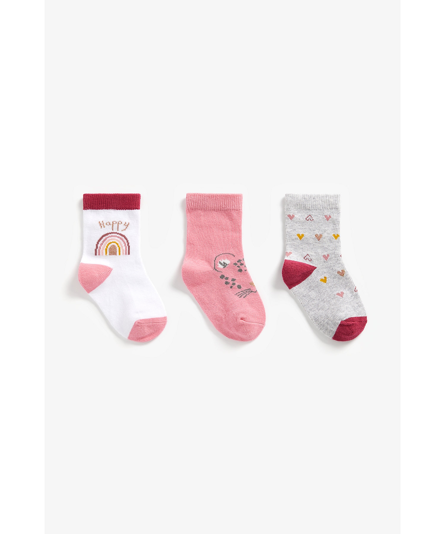 Mothercare | Girls Socks Rainbow And Heart Design - Pack Of 3 - Pink