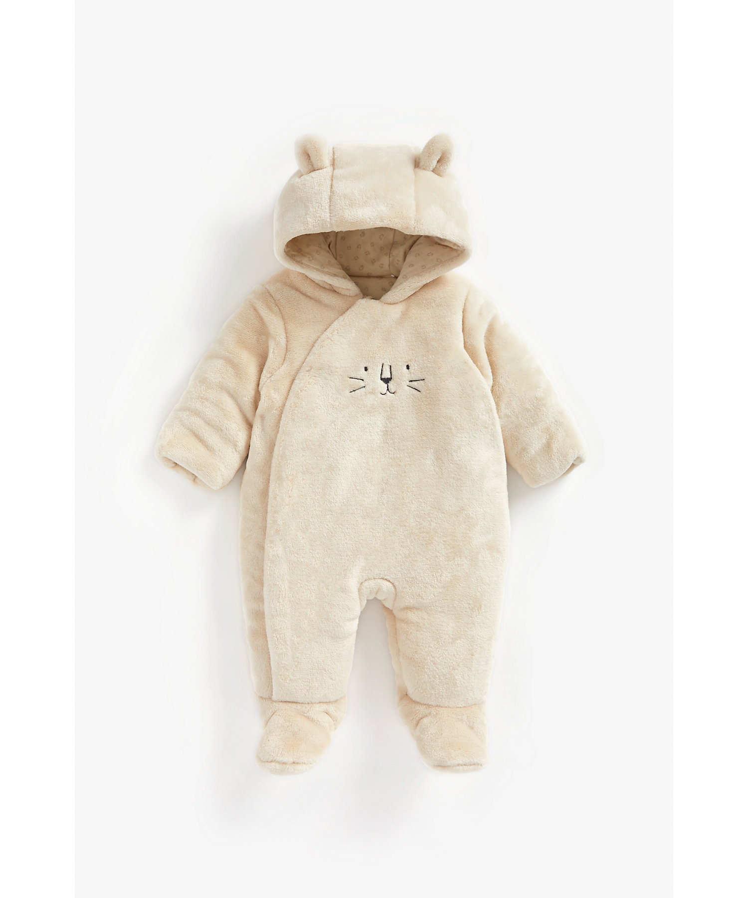 Mothercare | Unisex Full Sleeves Fluffy Snowsuit Embroidered And 3D Ear Details - Beige