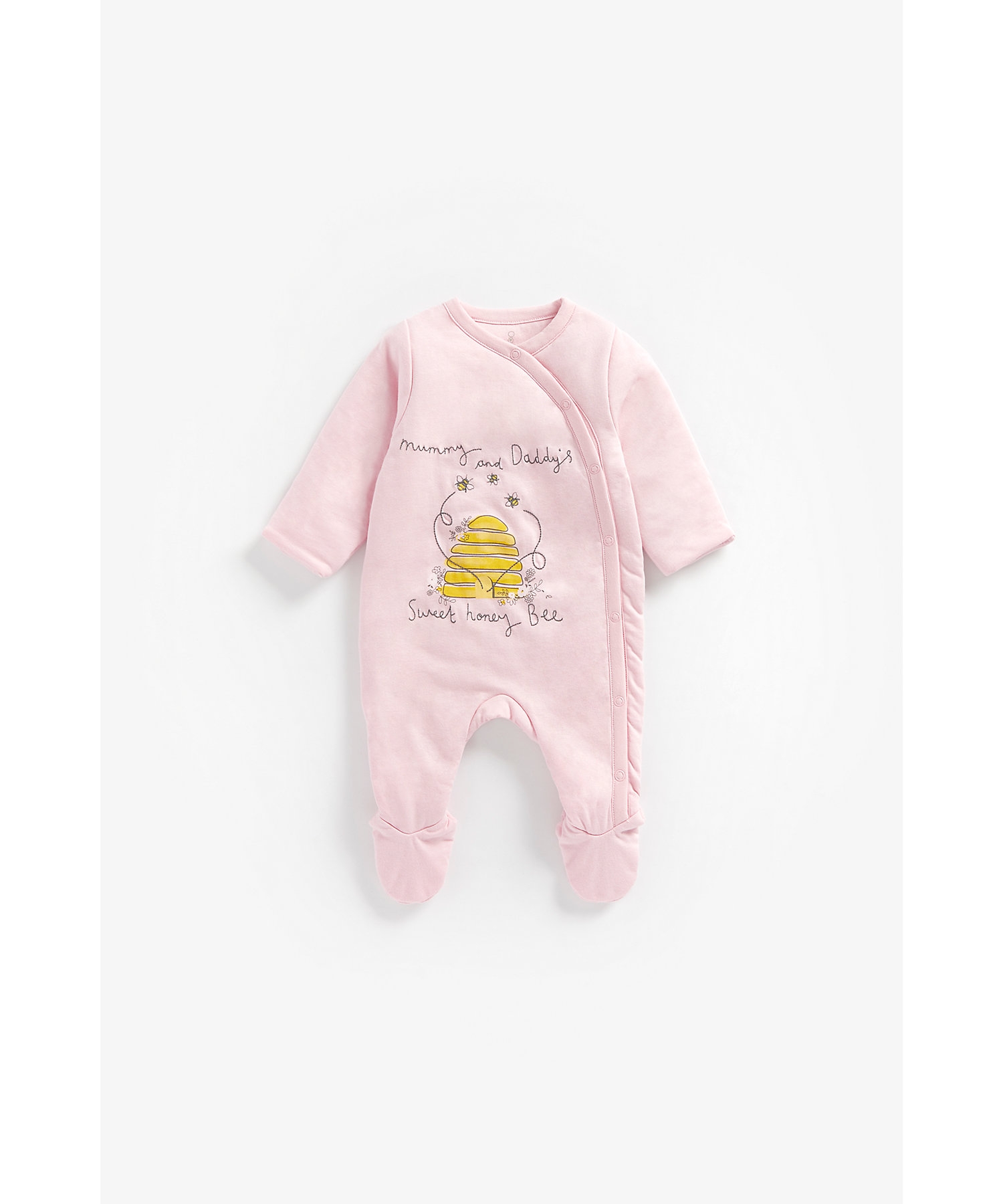 Mothercare | Girls Full Sleeves Wadded Sleepsuit Bee Embroidery - Pink