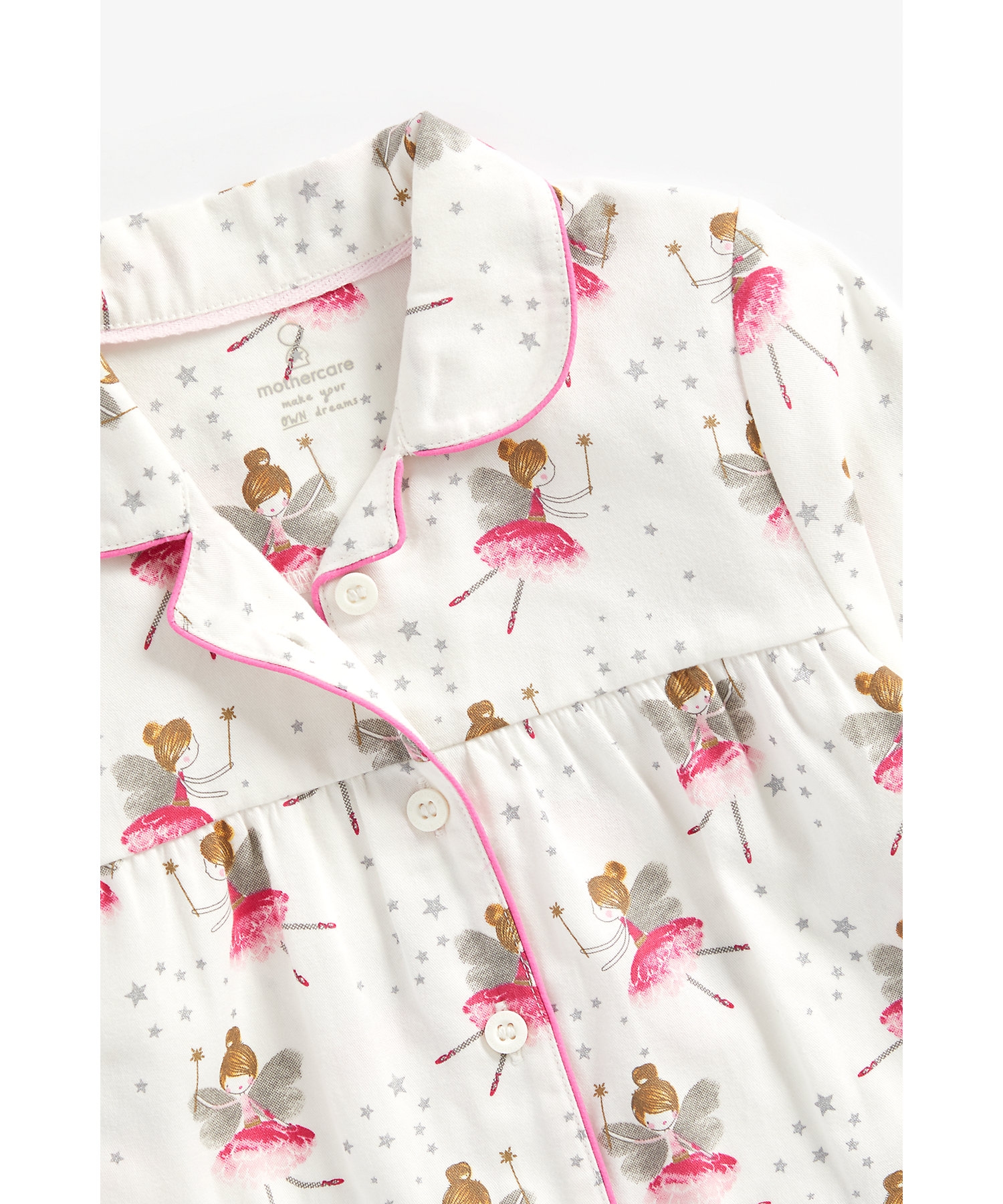 Girls Full Sleeves Woven Pyjama Set Fairy Print - White