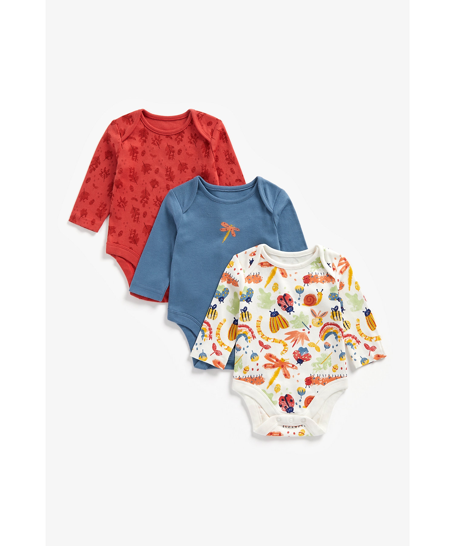 Mothercare | Boys Full Sleeves Bodysuit Bug Print - Pack Of 3 - Multicolor